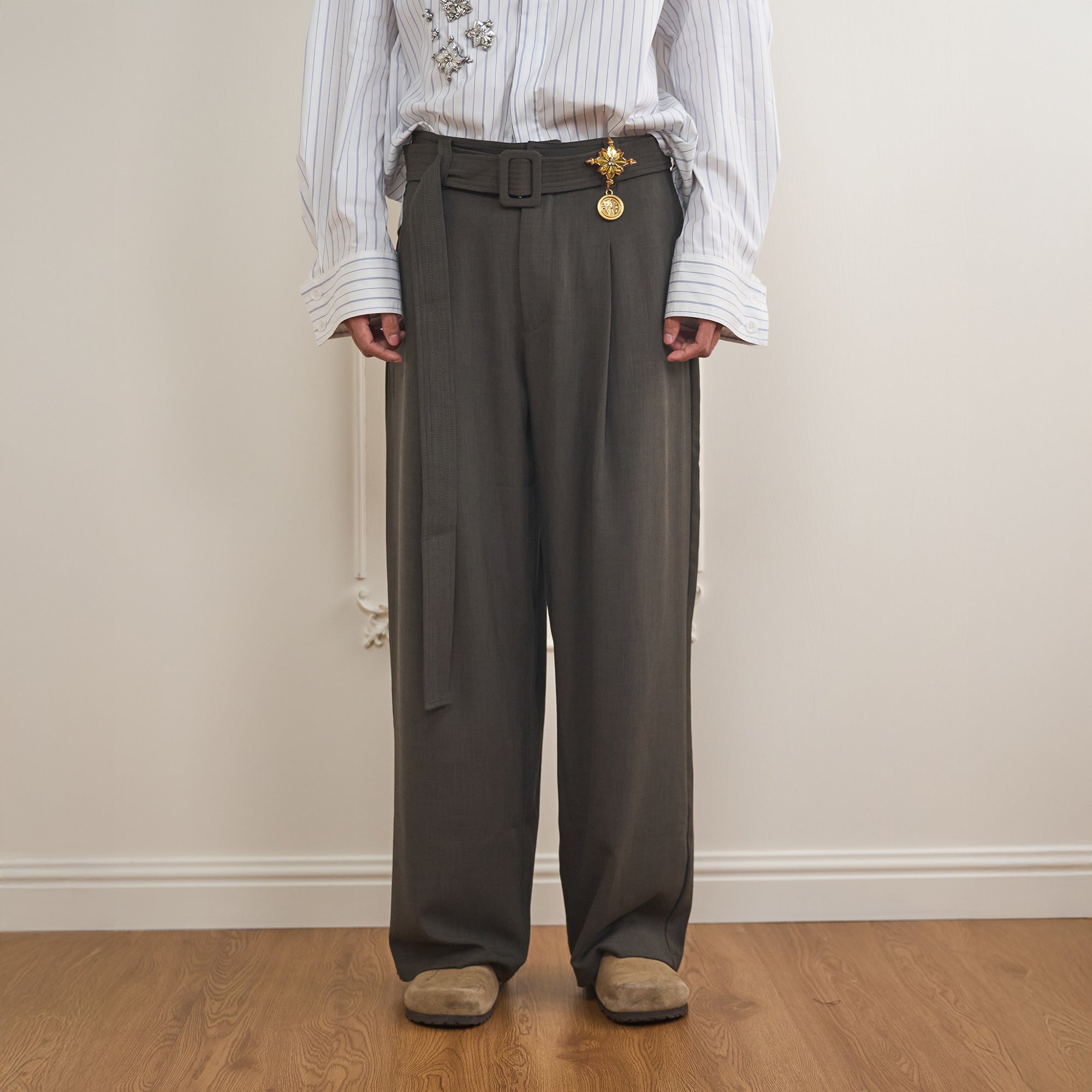 ORAL UTOPIA Belted Charm-Embellished Pleated Pants, premium urban and streetwear designers apparel on PROJECTISR.com, ORAL UTOPIA