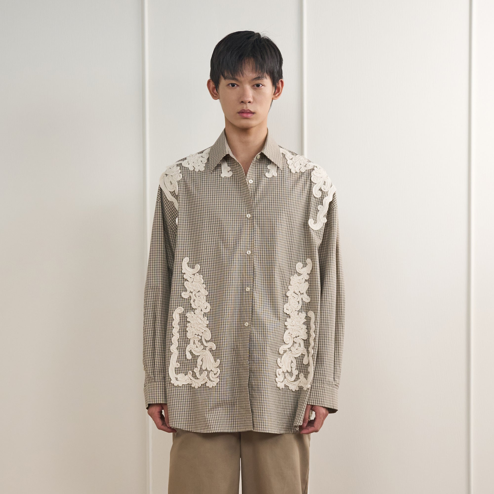 ORAL UTOPIA Deconstructed Pleats Vine Patch Check Shirt, premium urban and streetwear designers apparel on PROJECTISR.com, ORAL UTOPIA