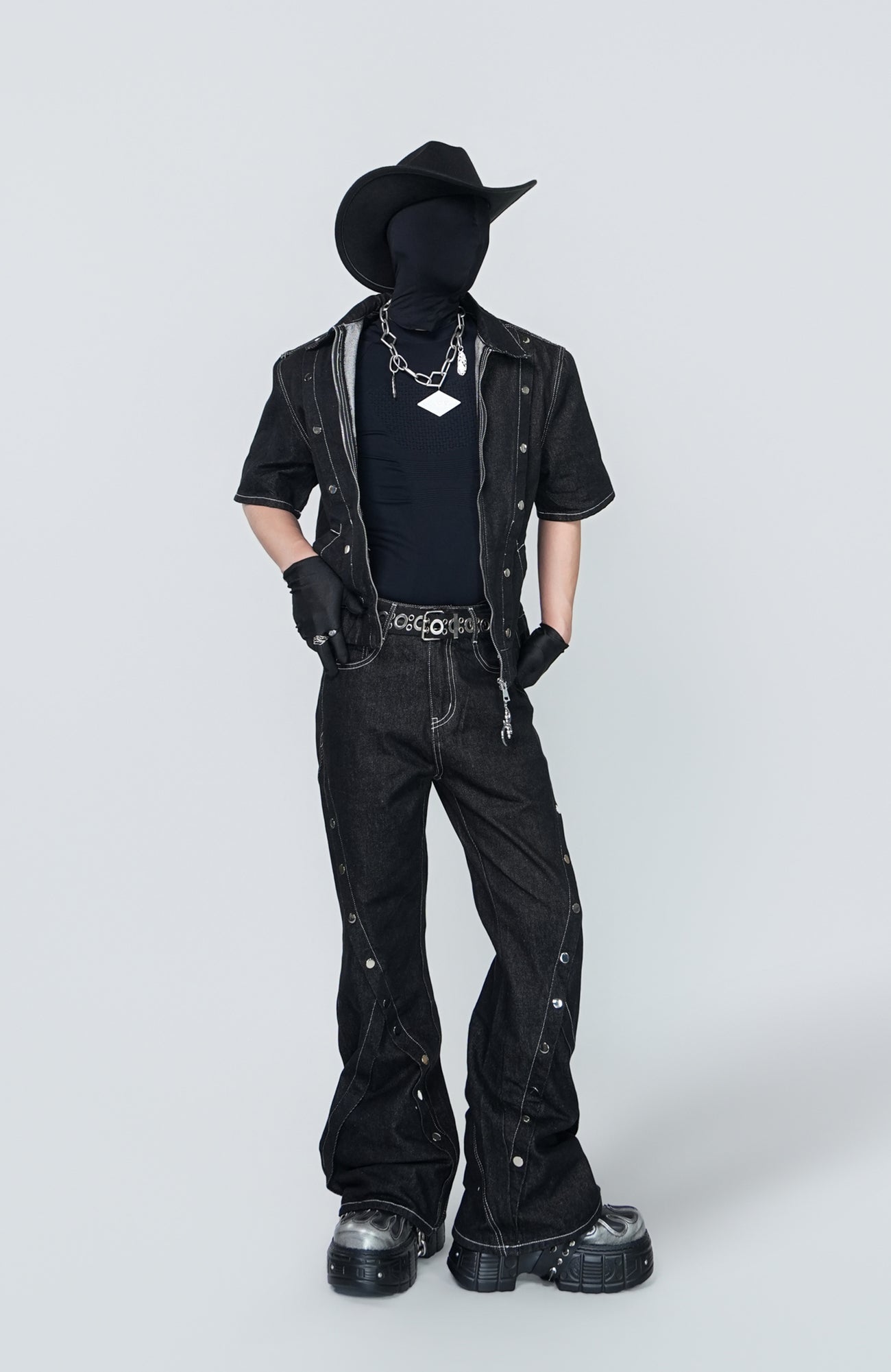 VE2 Raw Denim Button Panel Flared Jeans