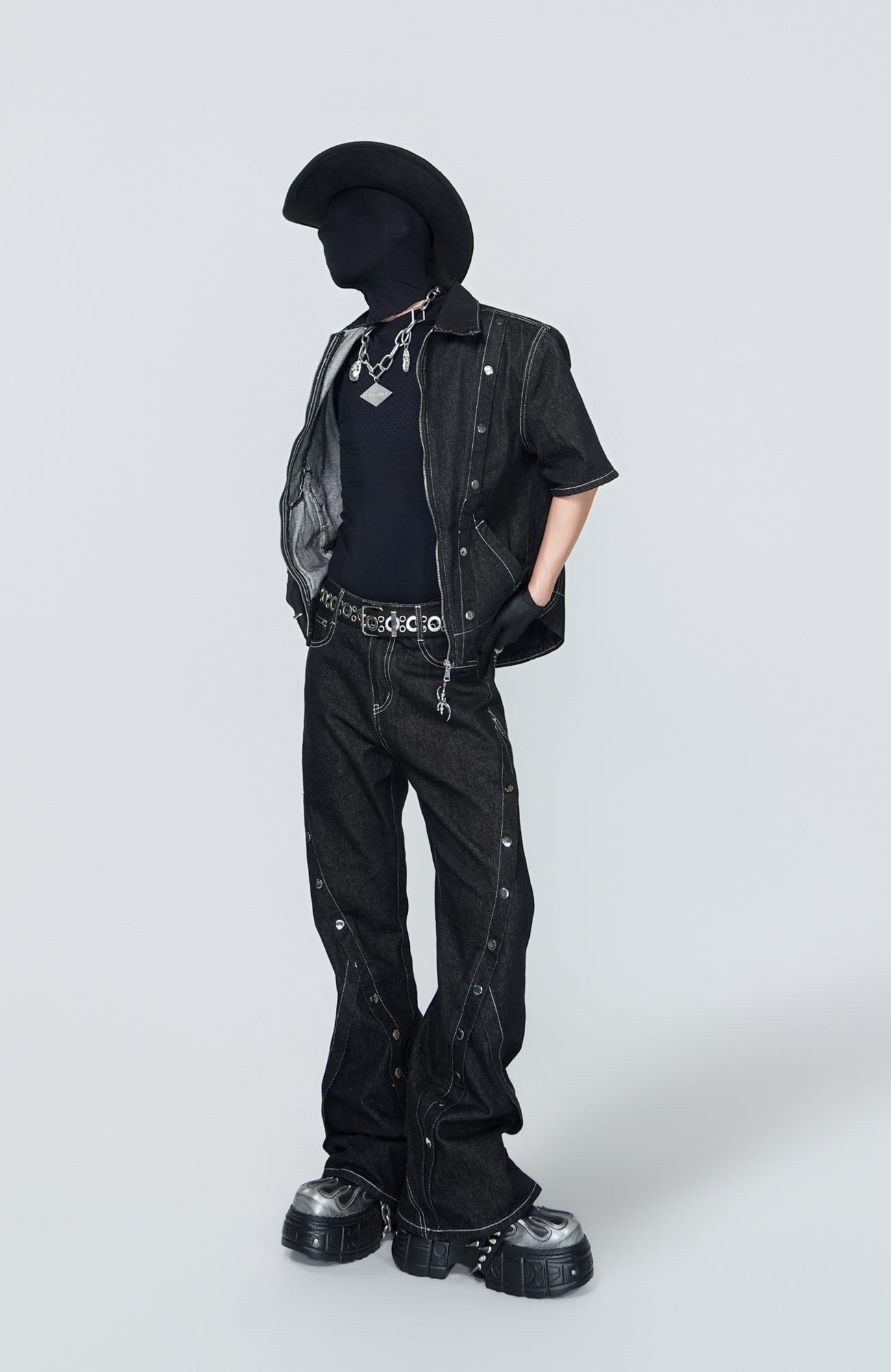 VE2 Raw Denim Button Panel Flared Jeans