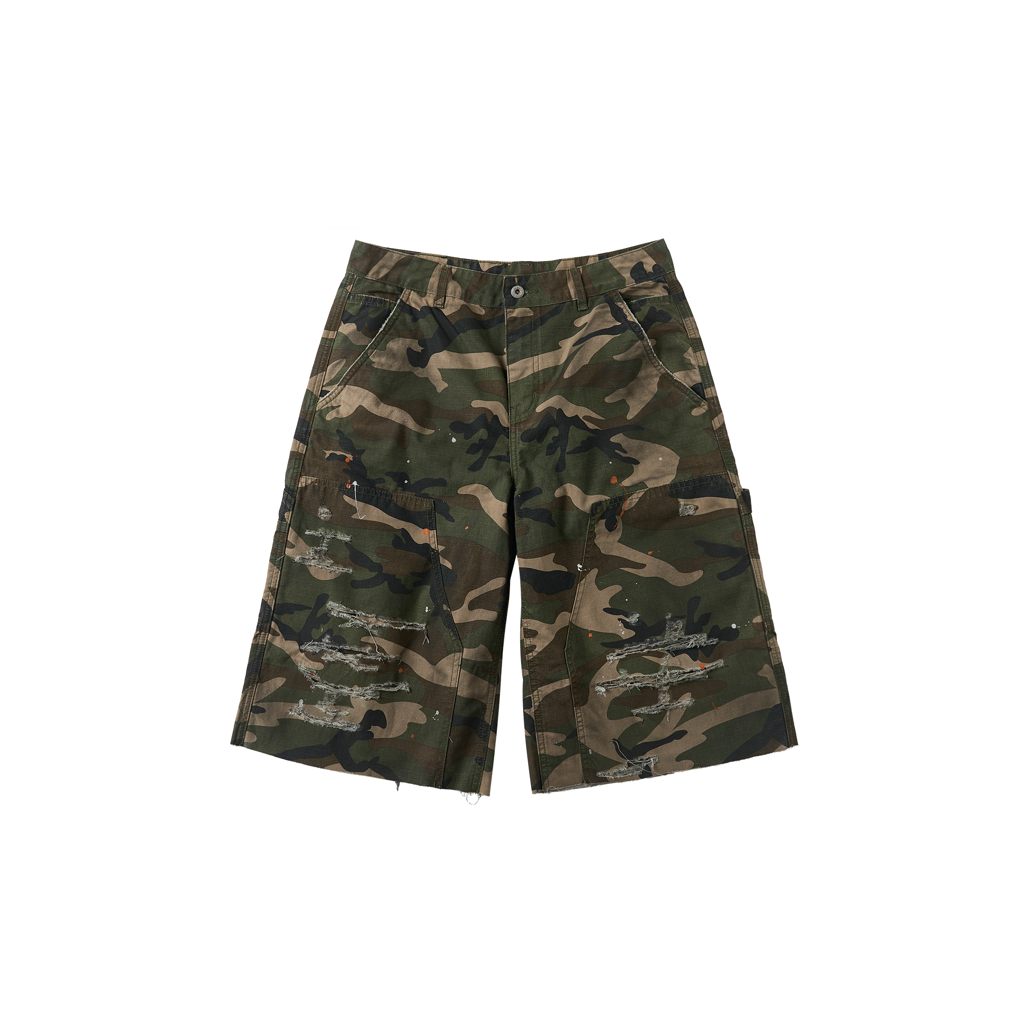 SAVAGEGROWTHWORLD Distressed Paint-Splatter Camo Shorts