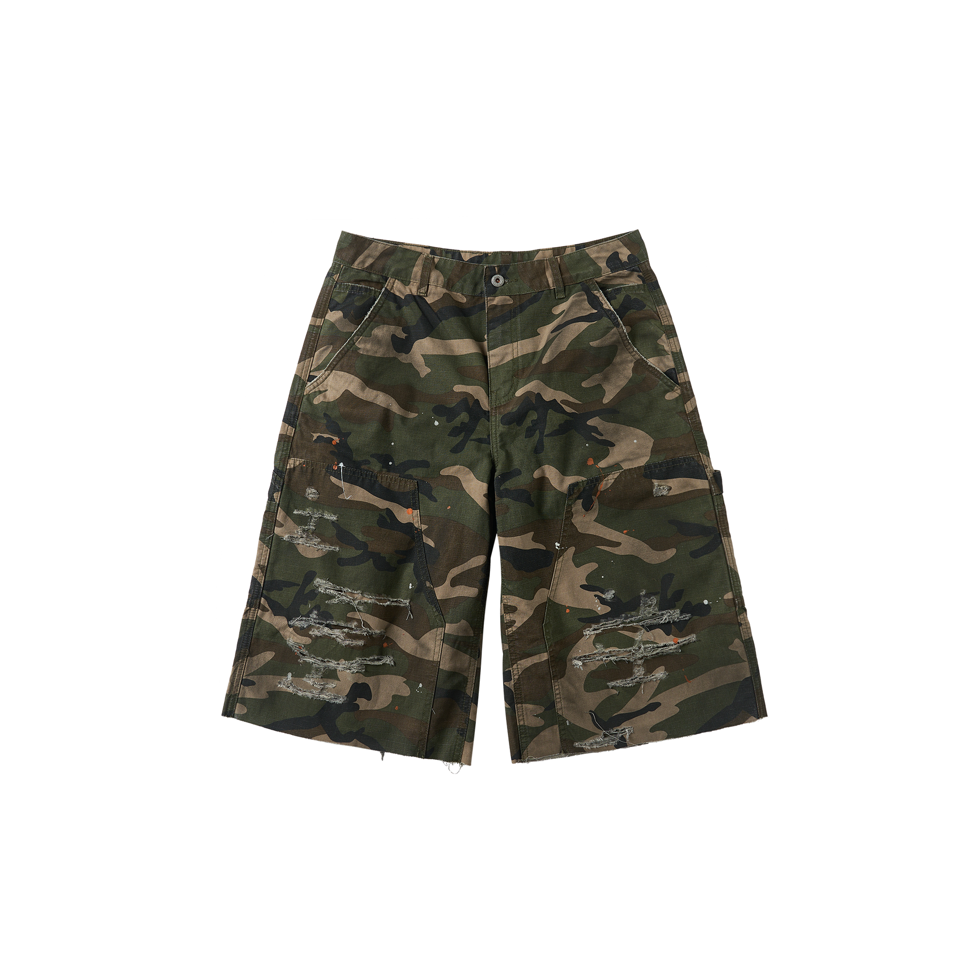 SAVAGEGROWTHWORLD Distressed Paint-Splatter Camo Shorts