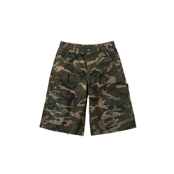 SAVAGEGROWTHWORLD Distressed Paint-Splatter Camo Shorts