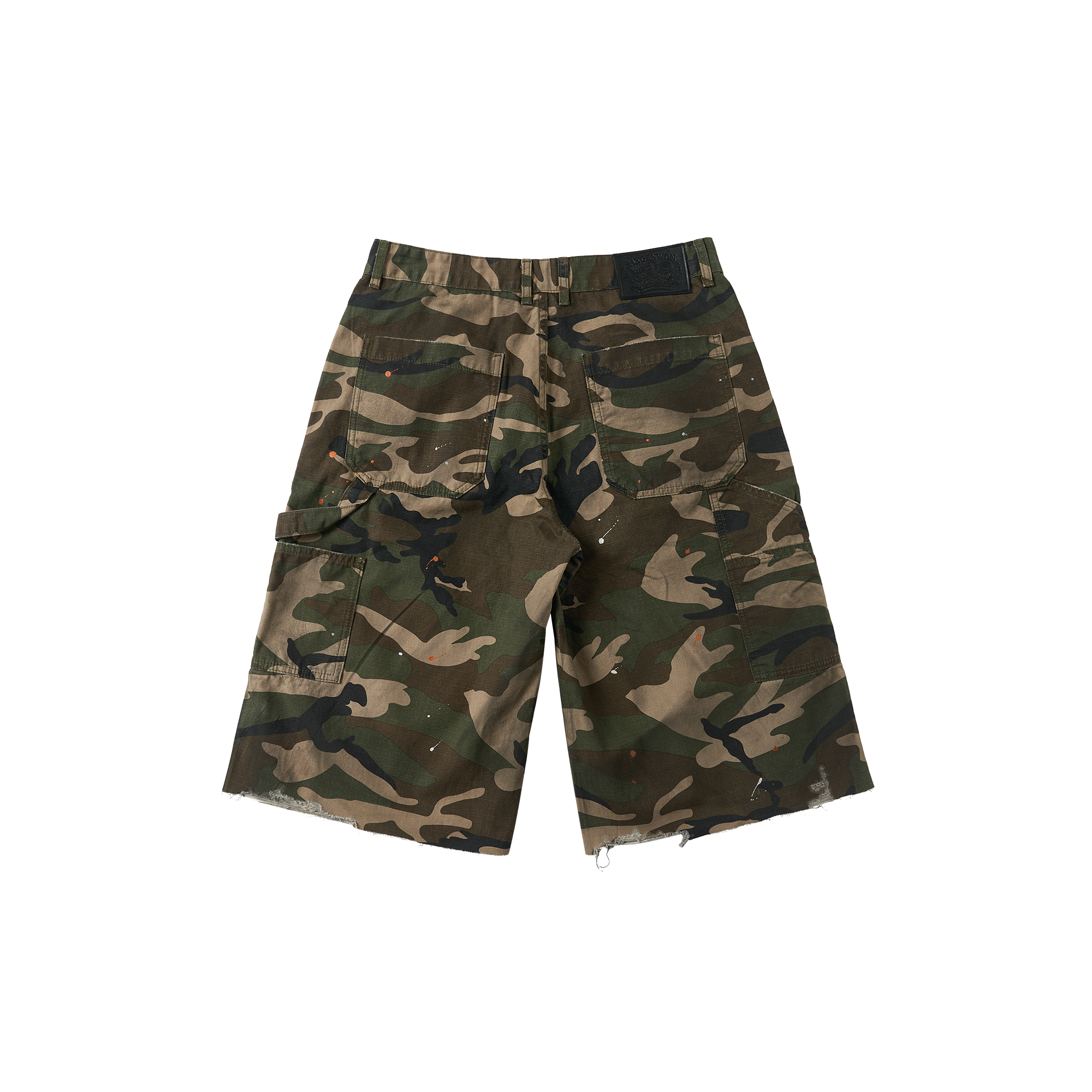 SAVAGEGROWTHWORLD Distressed Paint-Splatter Camo Shorts