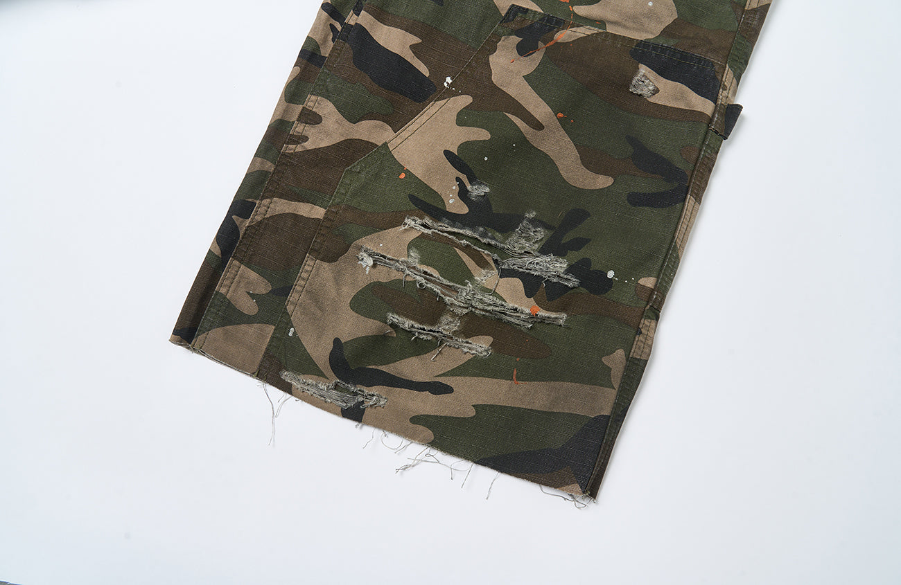 SAVAGEGROWTHWORLD Distressed Paint-Splatter Camo Shorts, premium urban and streetwear designers apparel on PROJECTISR.com, SAVAGEGROWTHWORLD