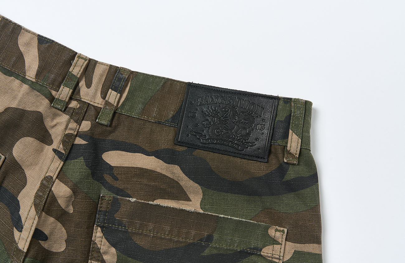 SAVAGEGROWTHWORLD Distressed Paint-Splatter Camo Shorts, premium urban and streetwear designers apparel on PROJECTISR.com, SAVAGEGROWTHWORLD