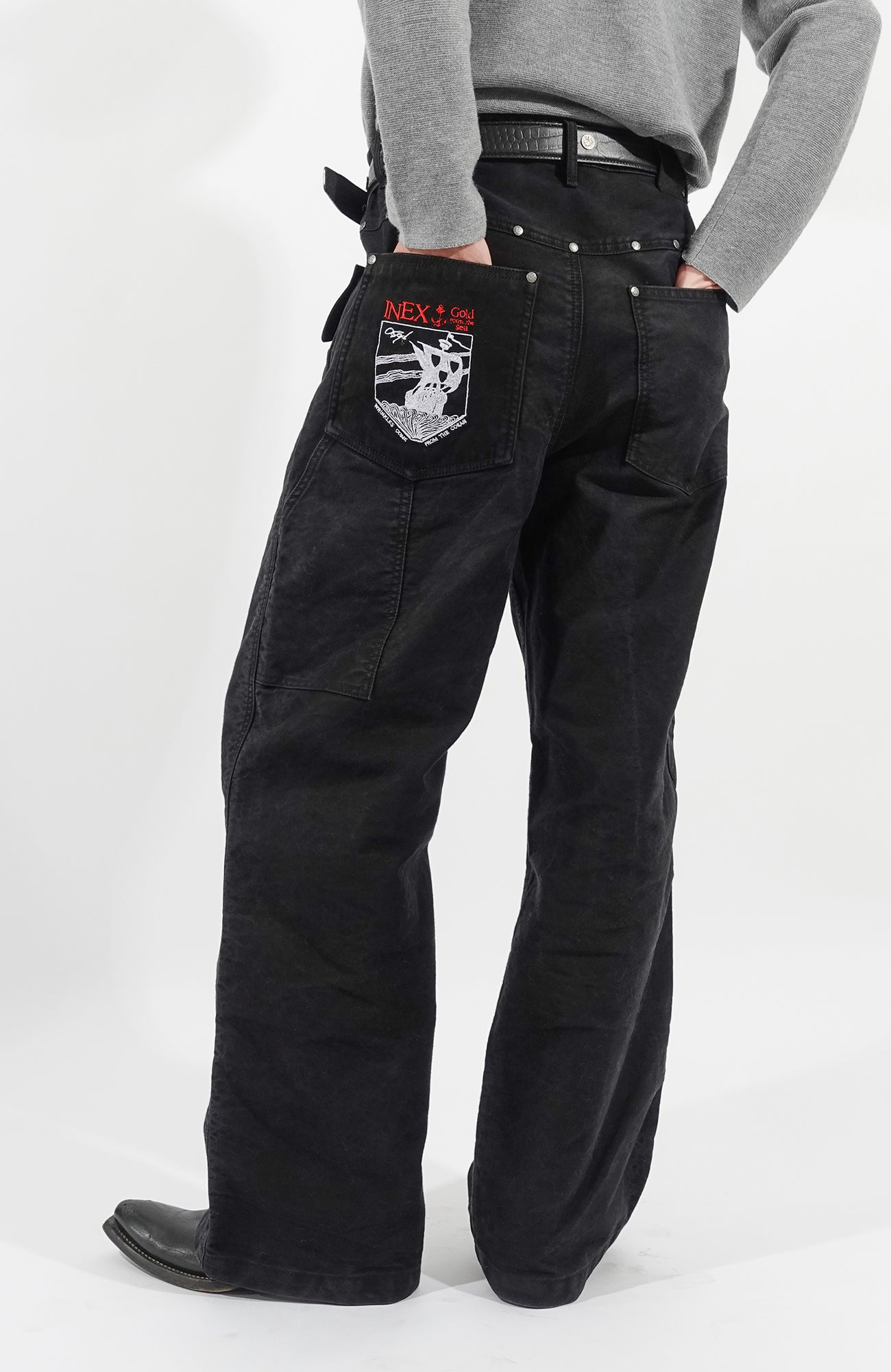 IN EXISTENCE Leather Splice Double-Knee Carpenter Pants, premium urban and streetwear designers apparel on PROJECTISR.com, IN EXISTENCE