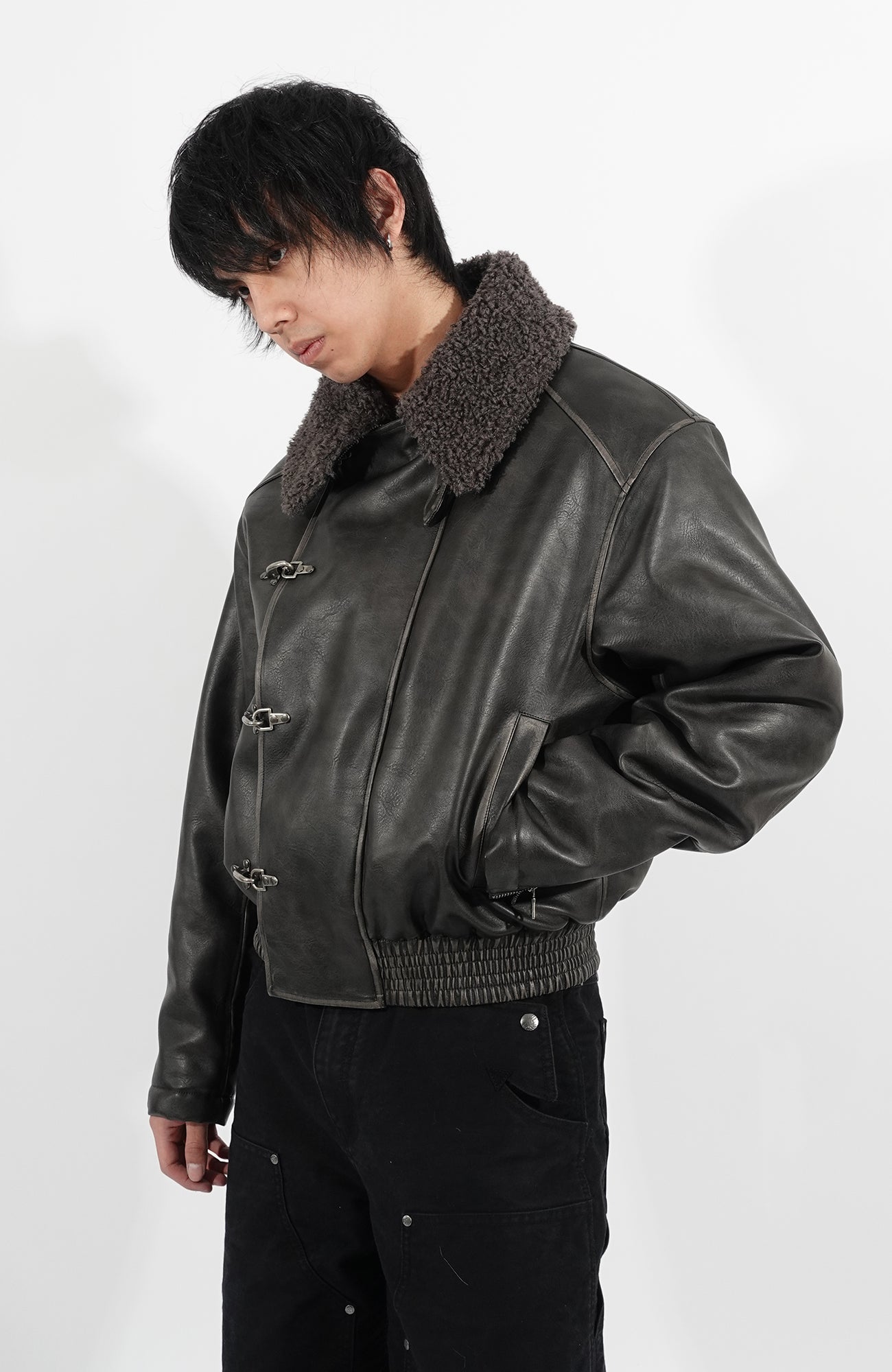 IN EXISTENCE Asymmetric Placket Washed Moto Jacket, premium urban and streetwear designers apparel on PROJECTISR.com, IN EXISTENCE