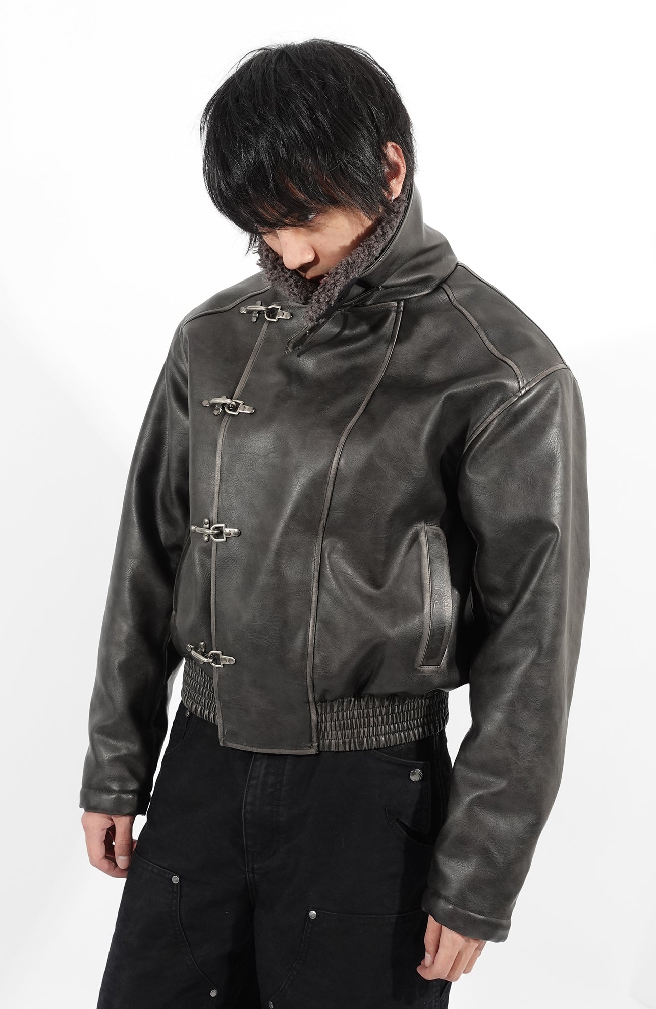 IN EXISTENCE Asymmetric Placket Washed Moto Jacket, premium urban and streetwear designers apparel on PROJECTISR.com, IN EXISTENCE