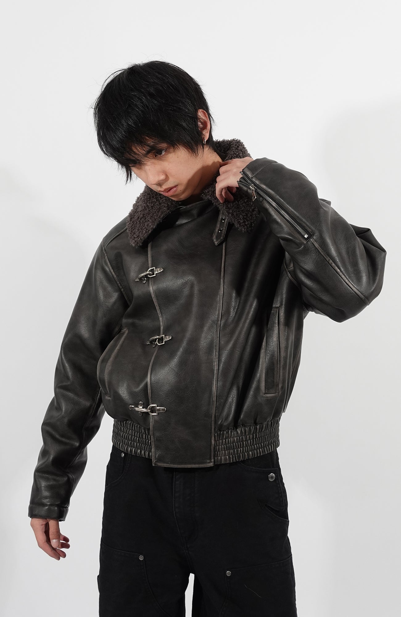 IN EXISTENCE Asymmetric Placket Washed Moto Jacket, premium urban and streetwear designers apparel on PROJECTISR.com, IN EXISTENCE