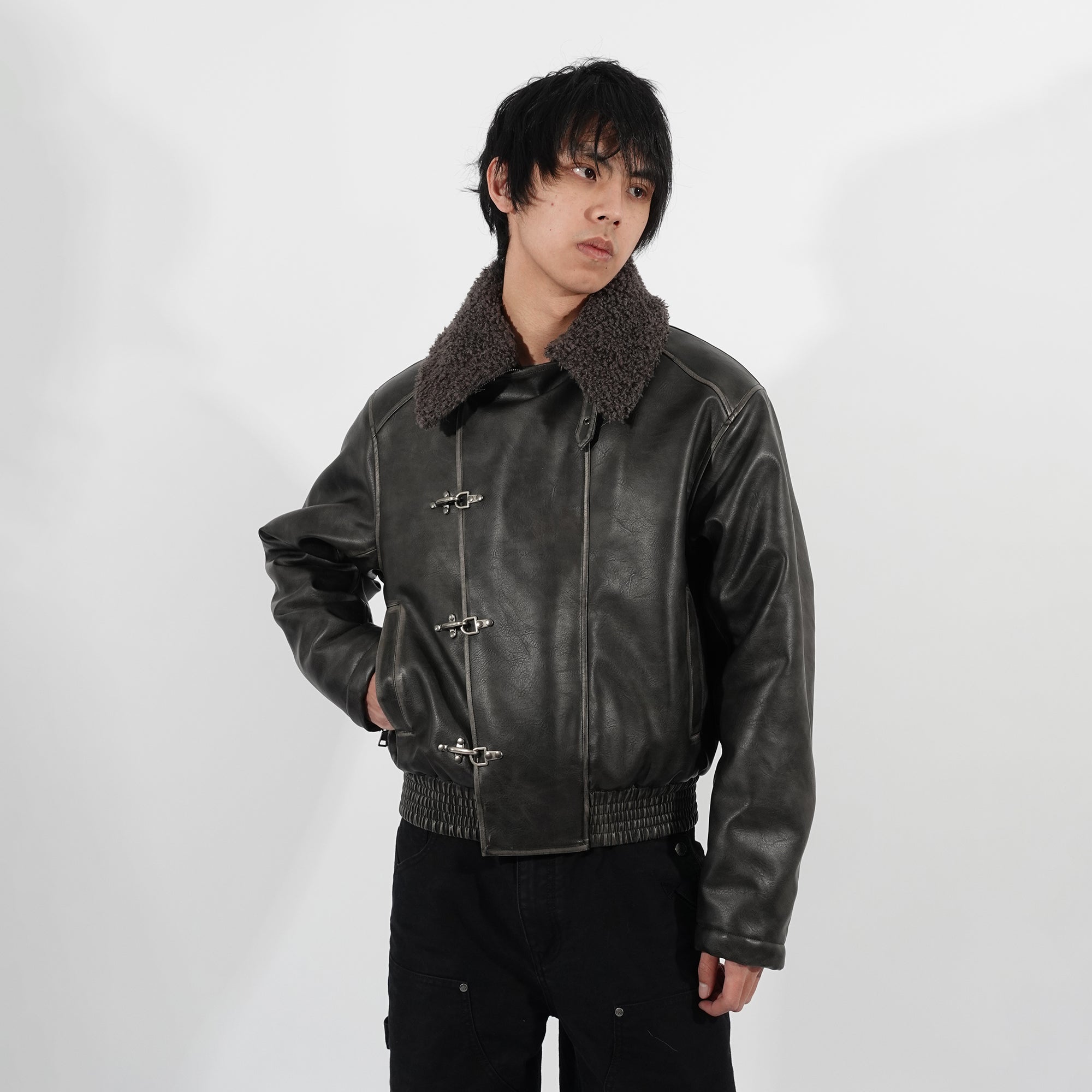 IN EXISTENCE Asymmetric Placket Washed Moto Jacket