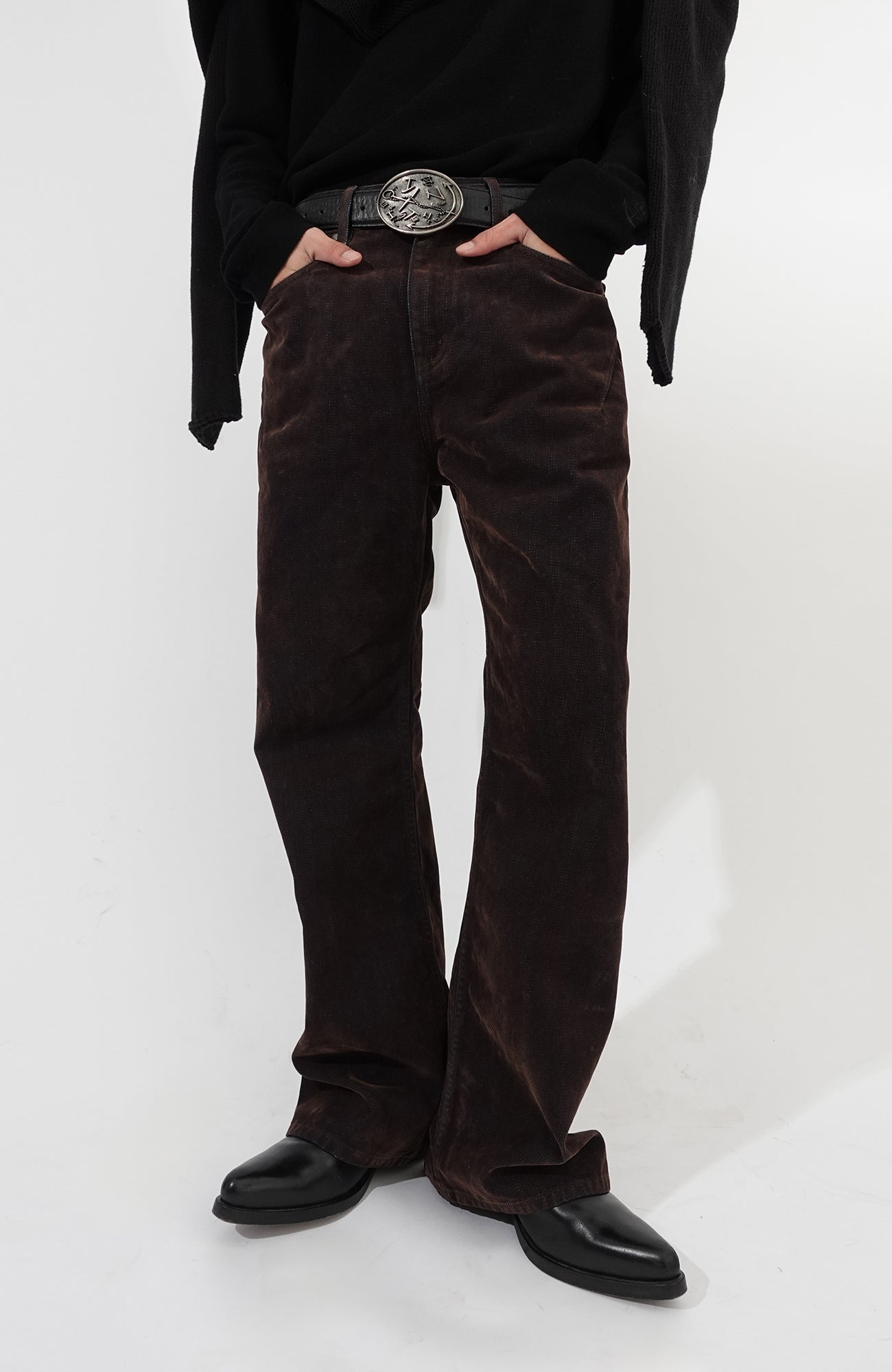 IN EXISTENCE Star Embroidered Herringbone Flocked Flare Jeans, premium urban and streetwear designers apparel on PROJECTISR.com, IN EXISTENCE