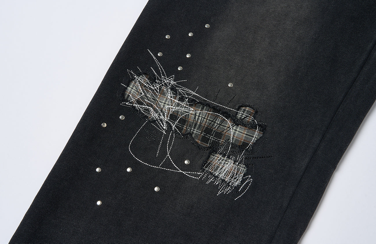 SAVAGEGROWTHWORLD Studded Plaid Panel Sweatpants