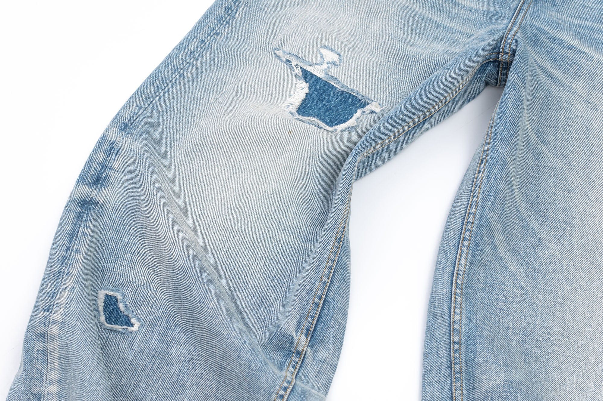 IN EXISTENCE Distressed Patchwork Creased Washed Wide-Leg Jeans, premium urban and streetwear designers apparel on PROJECTISR.com, IN EXISTENCE