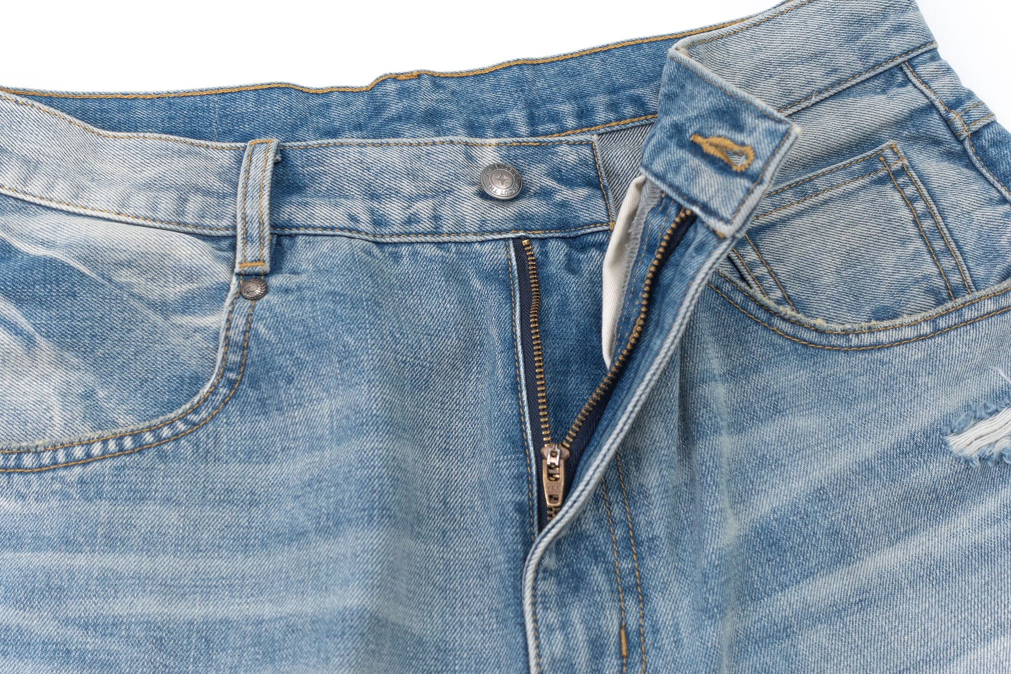 IN EXISTENCE Distressed Patchwork Creased Washed Wide-Leg Jeans, premium urban and streetwear designers apparel on PROJECTISR.com, IN EXISTENCE