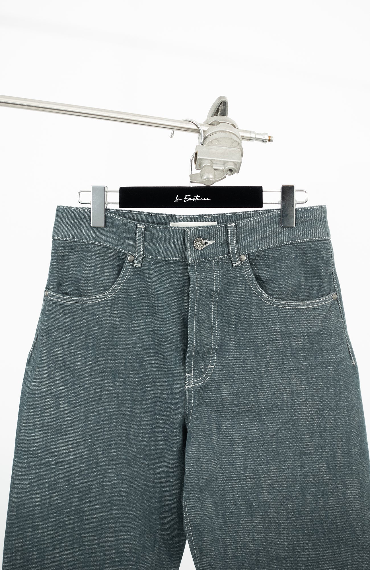 IN EXISTENCE Stitched Back-Belt Curved-Leg Jeans, premium urban and streetwear designers apparel on PROJECTISR.com, IN EXISTENCE