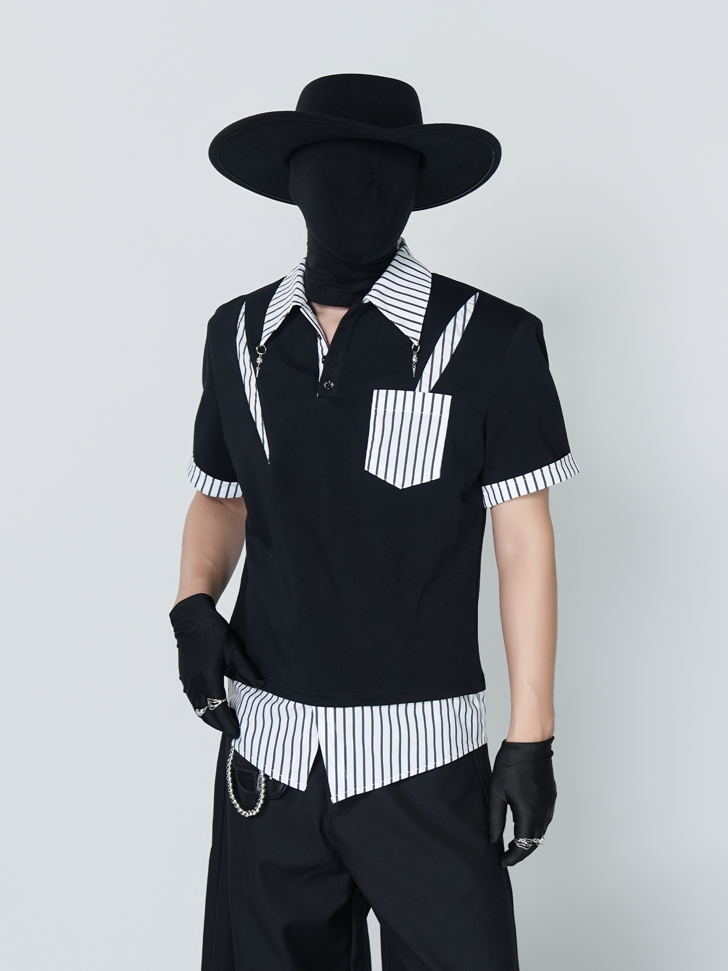 VE2 Deconstructed Striped Spliced Polo Tee