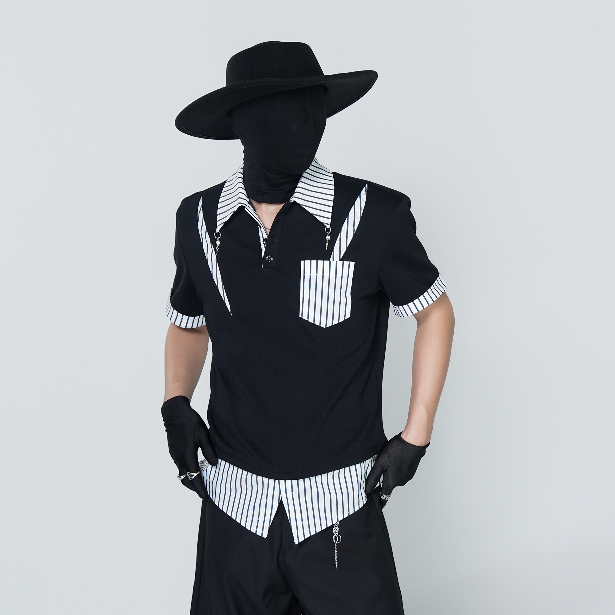 VE2 Deconstructed Striped Spliced Polo Tee