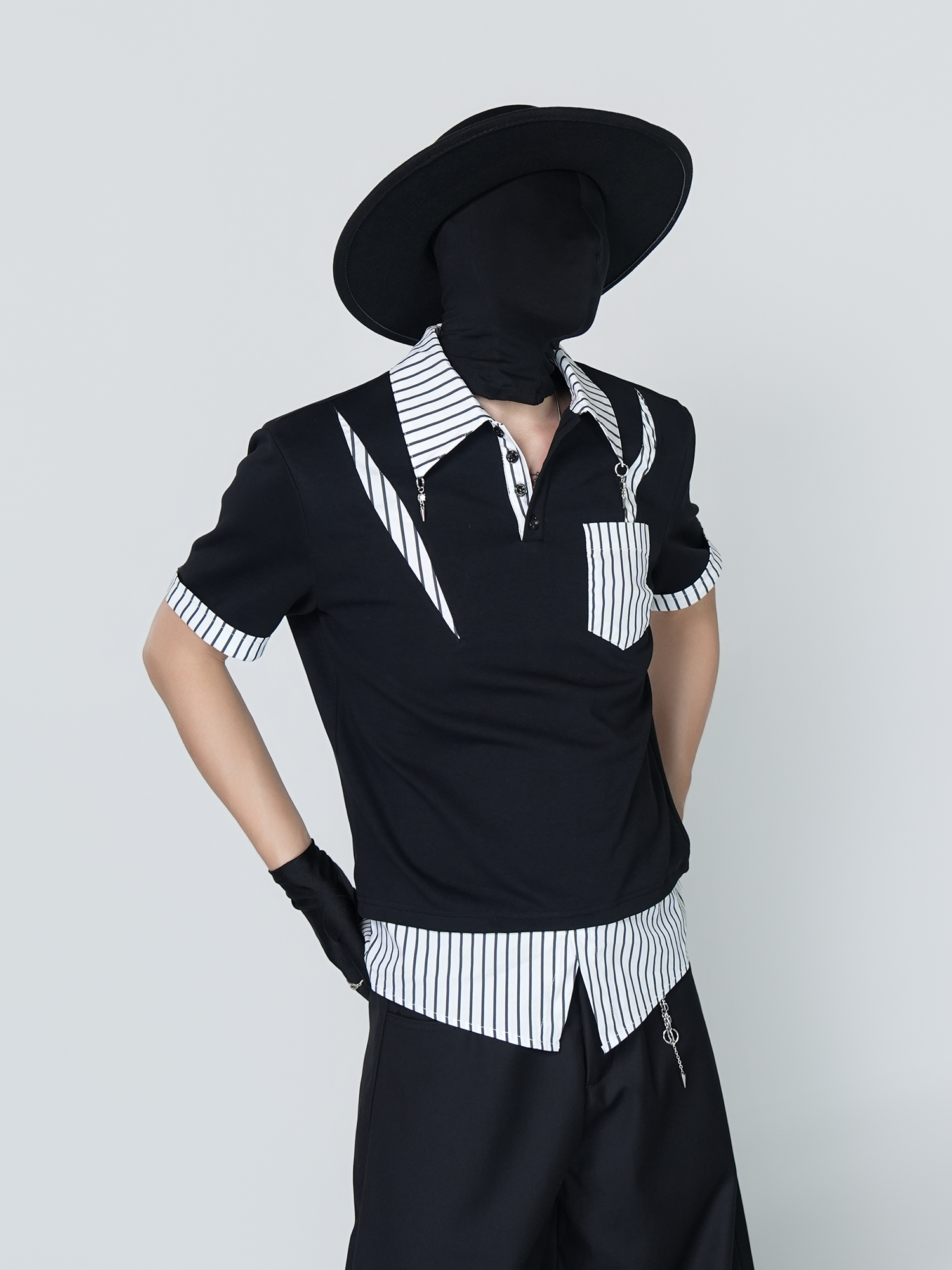 VE2 Deconstructed Striped Spliced Polo Tee