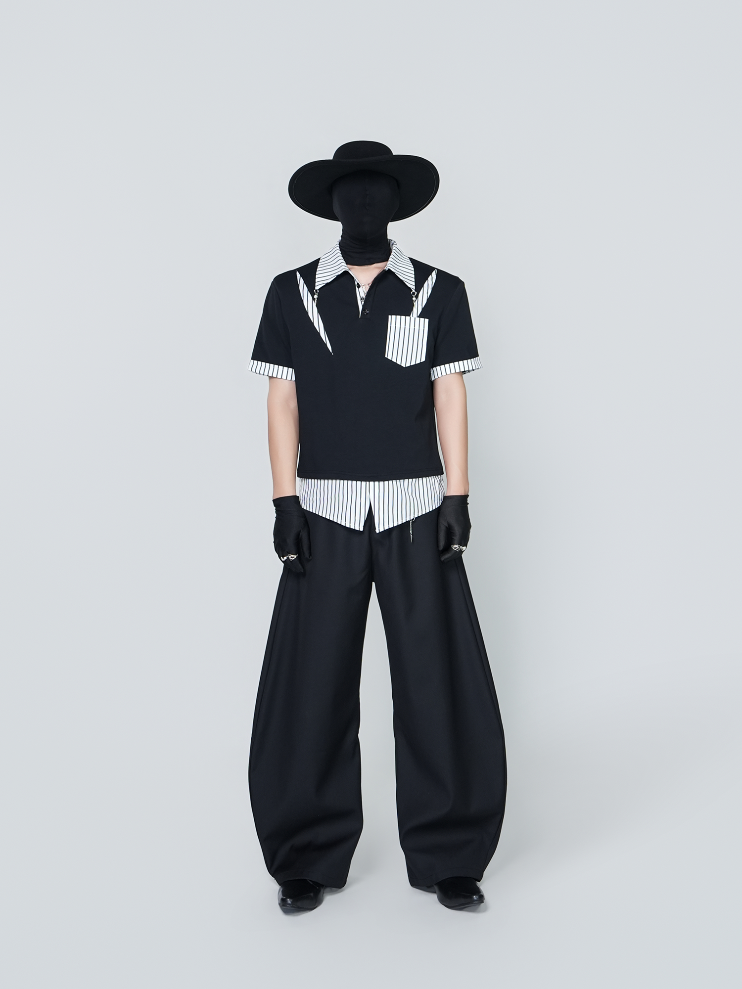 VE2 Deconstructed Striped Spliced Polo Tee