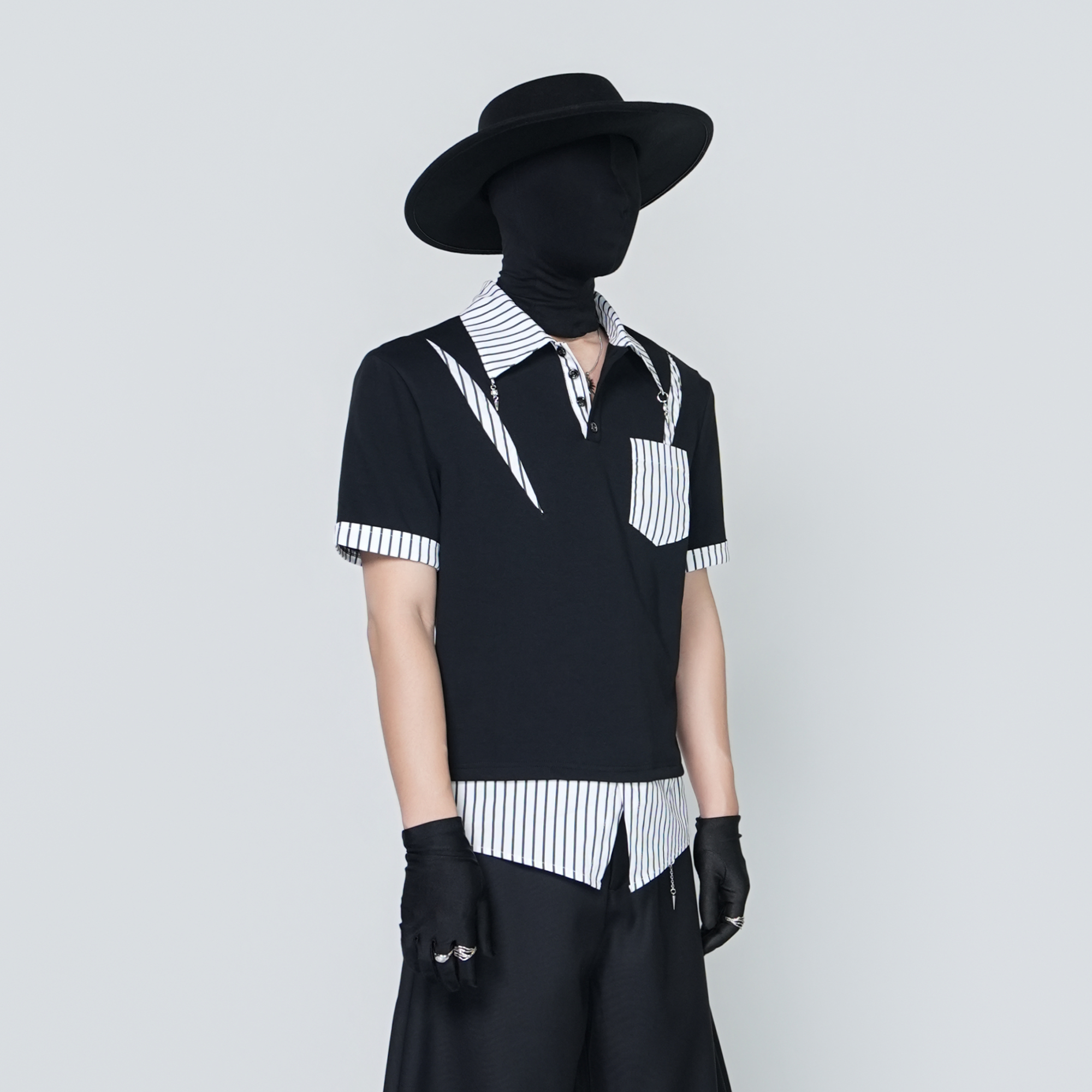 VE2 Deconstructed Striped Spliced Polo Tee