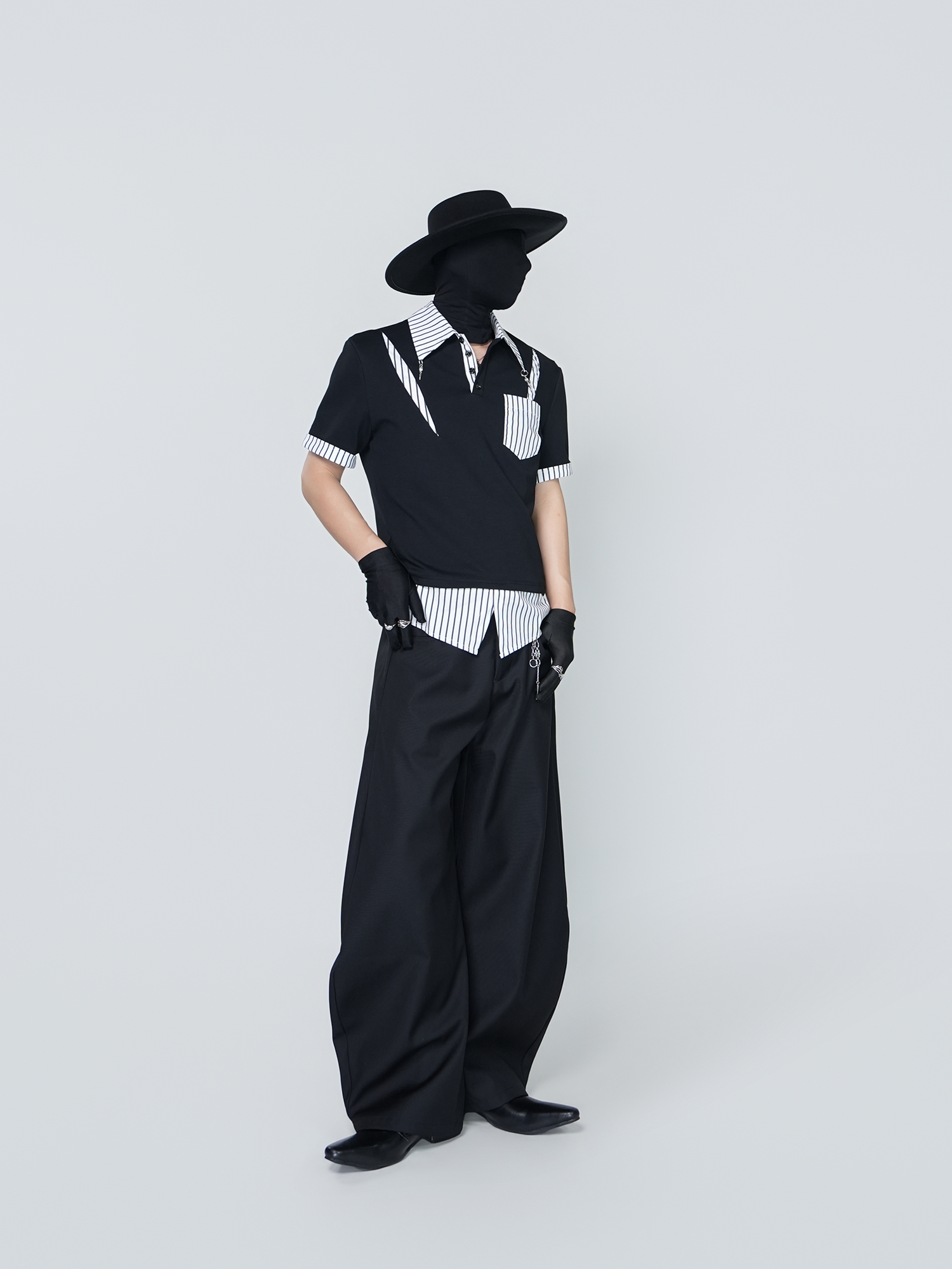 VE2 Deconstructed Striped Spliced Polo Tee