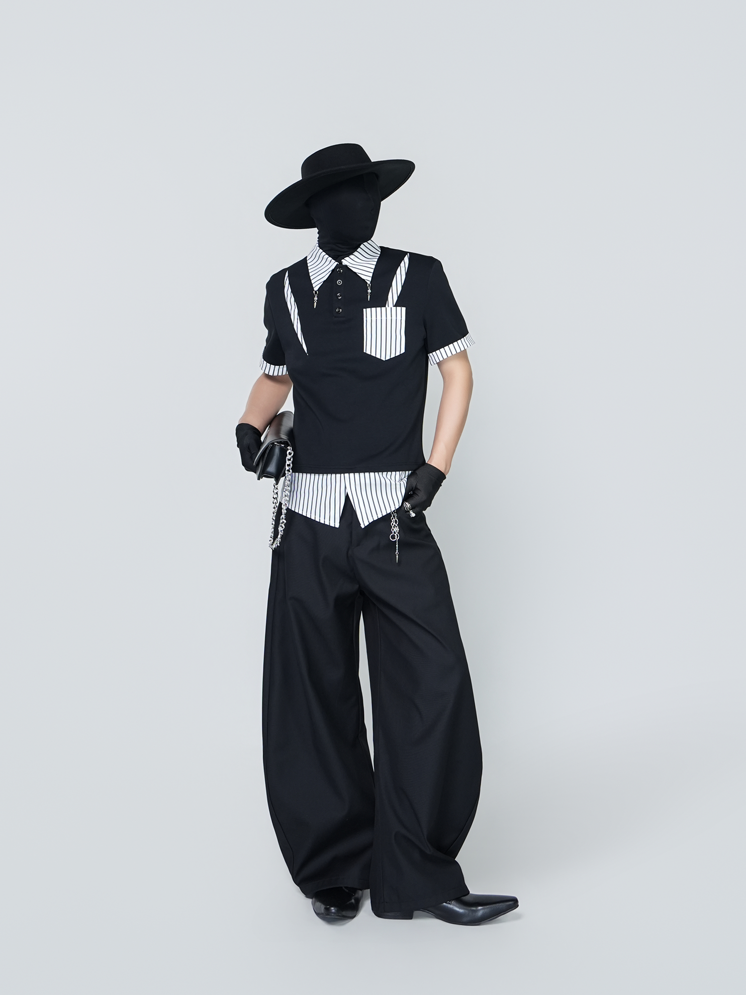 VE2 Deconstructed Striped Spliced Polo Tee
