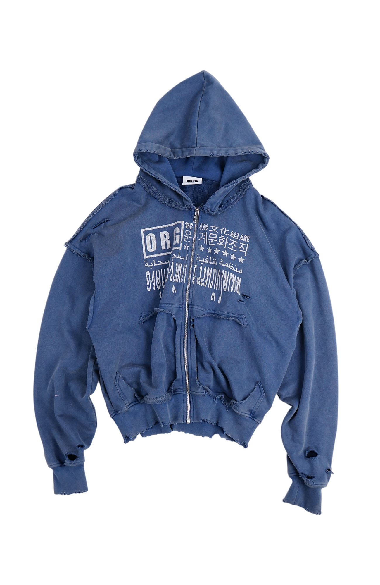 VINKID Distressed Graphic Zip-Up Hoodie
