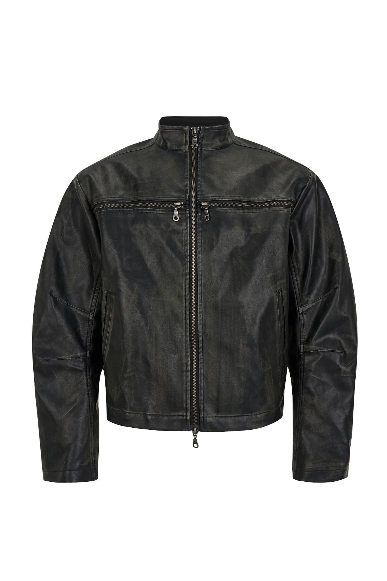 SAVAGEGROWTHWORLD Crossed Spliced Rivet Faux Leather Jacket