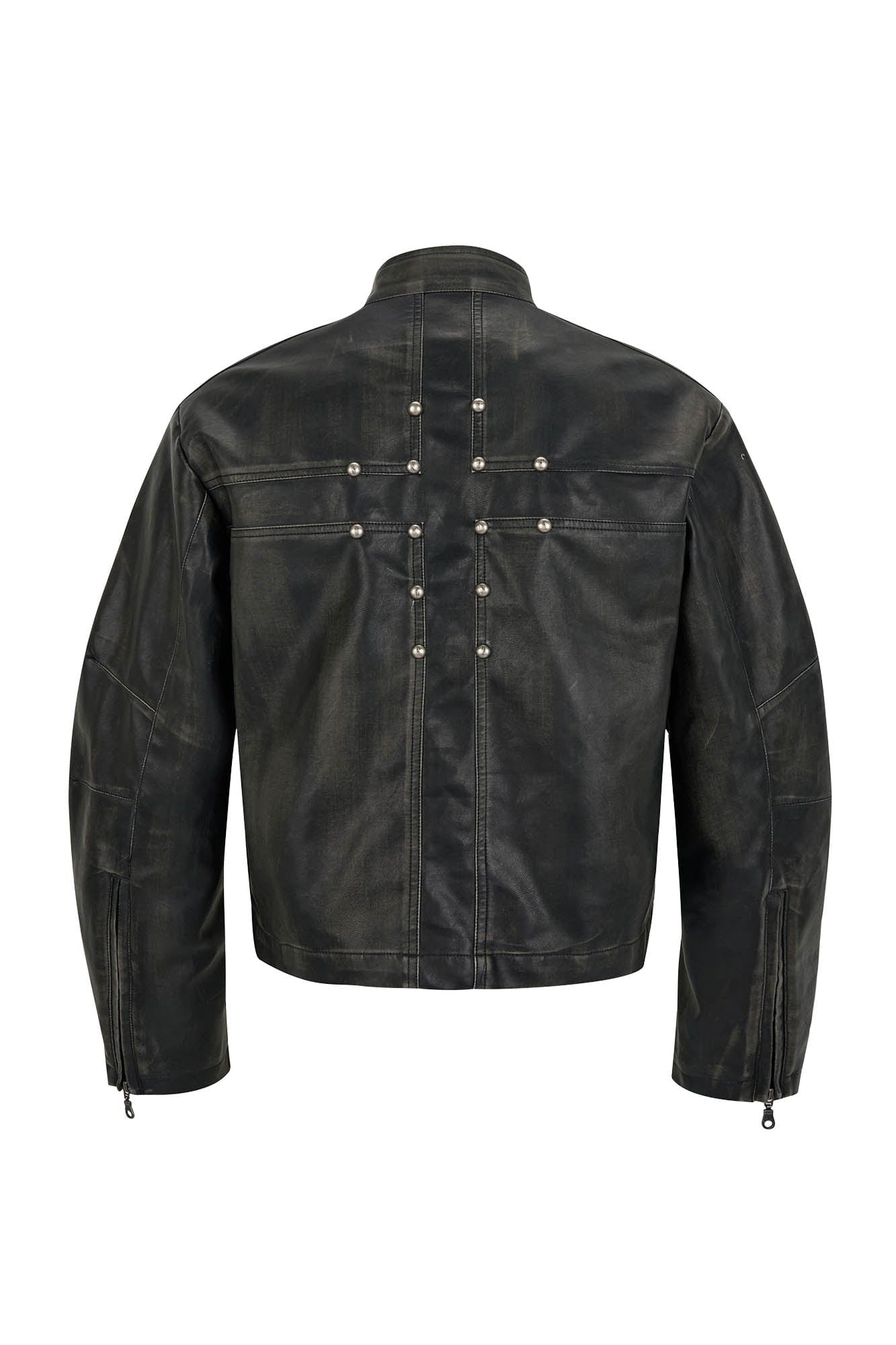 SAVAGEGROWTHWORLD Crossed Spliced Rivet Faux Leather Jacket