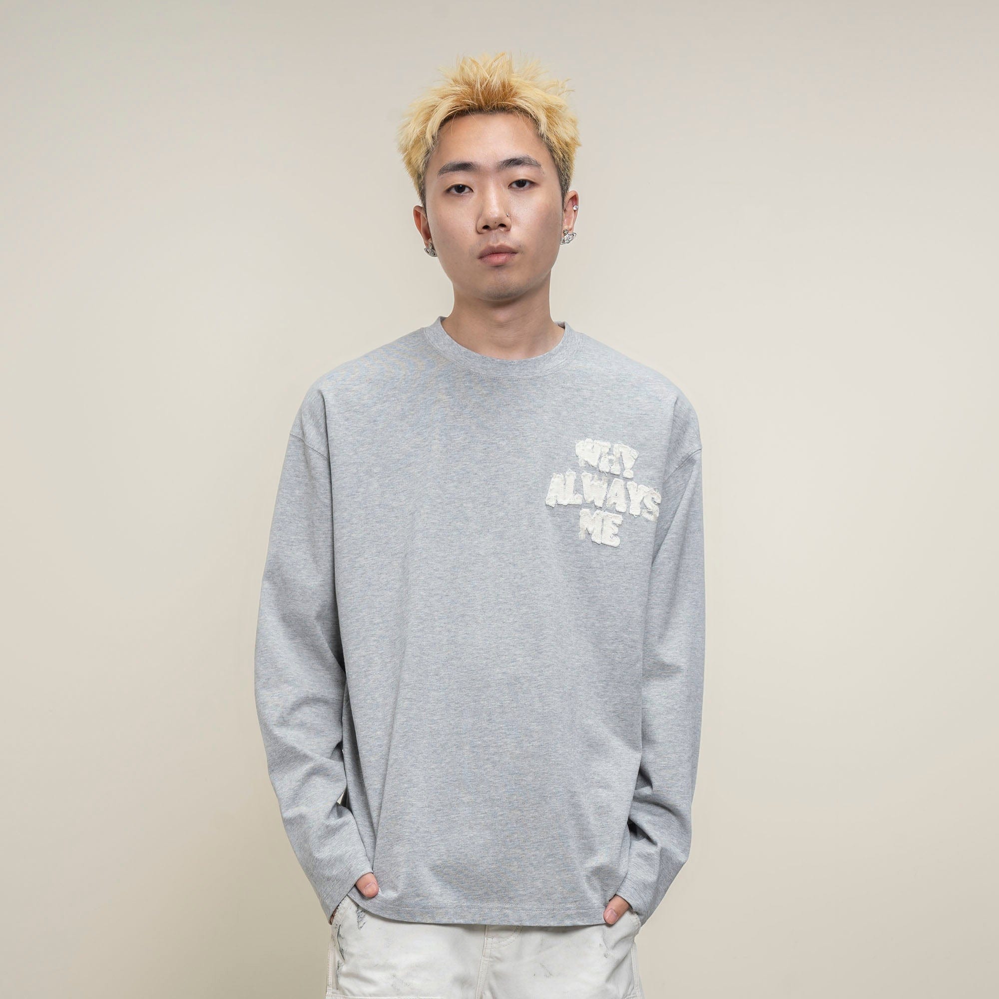MAKEMORE Text Graphic Patch Long-Sleeve Tee, premium urban and streetwear designers apparel on PROJECTISR.com, MAKEMORE