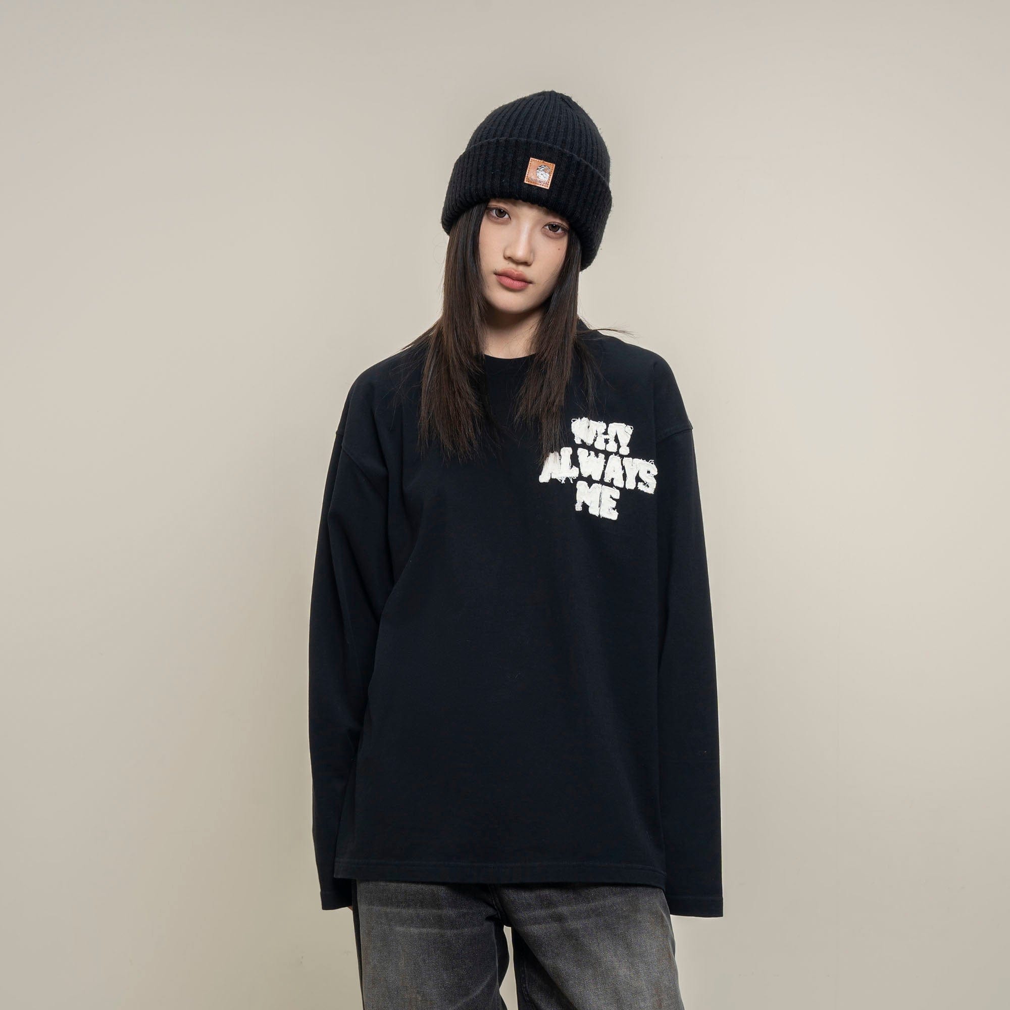 MAKEMORE Text Graphic Patch Long-Sleeve Tee, premium urban and streetwear designers apparel on PROJECTISR.com, MAKEMORE