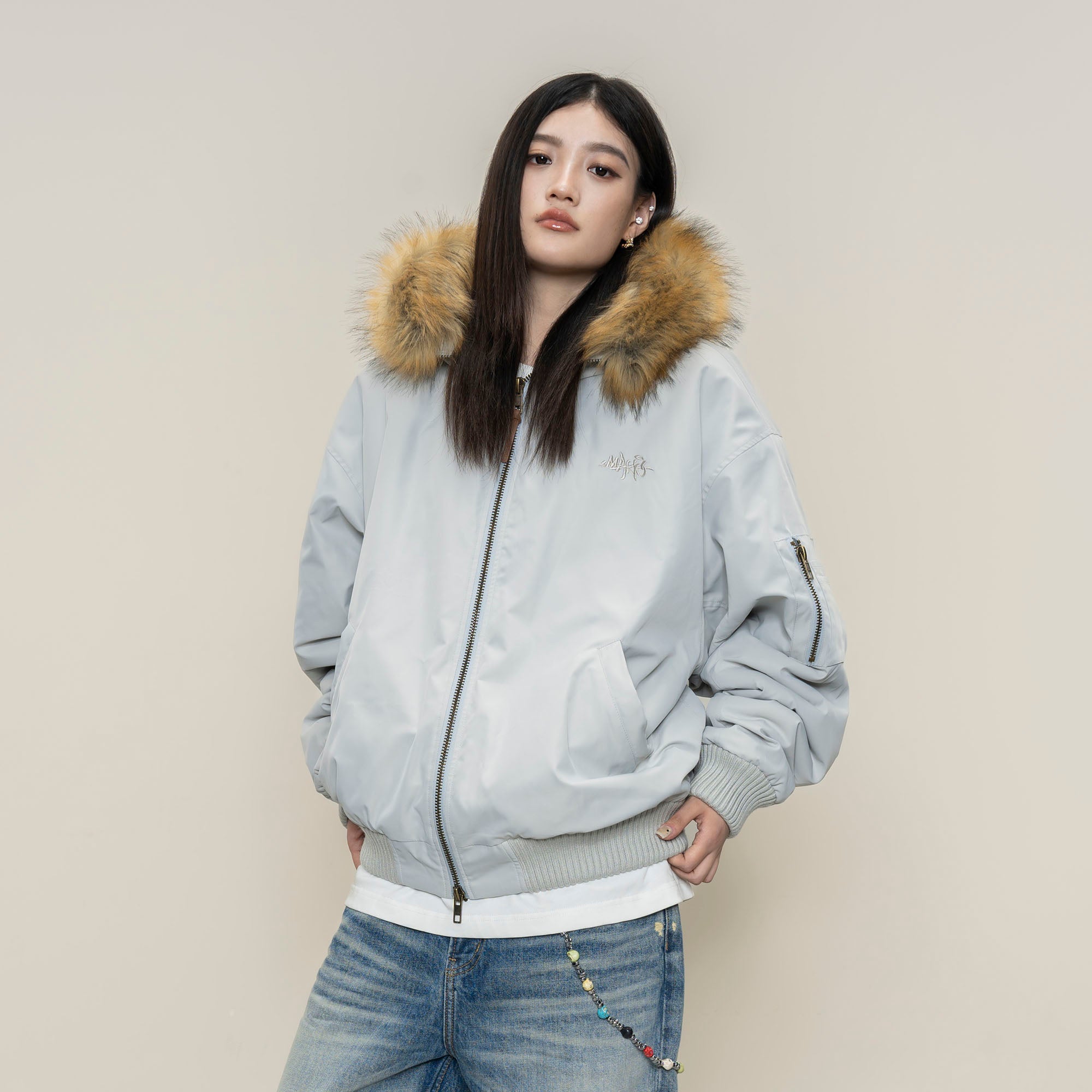 MAKEMORE Detachable Faux Fur Trim Satin Bomber Jacket