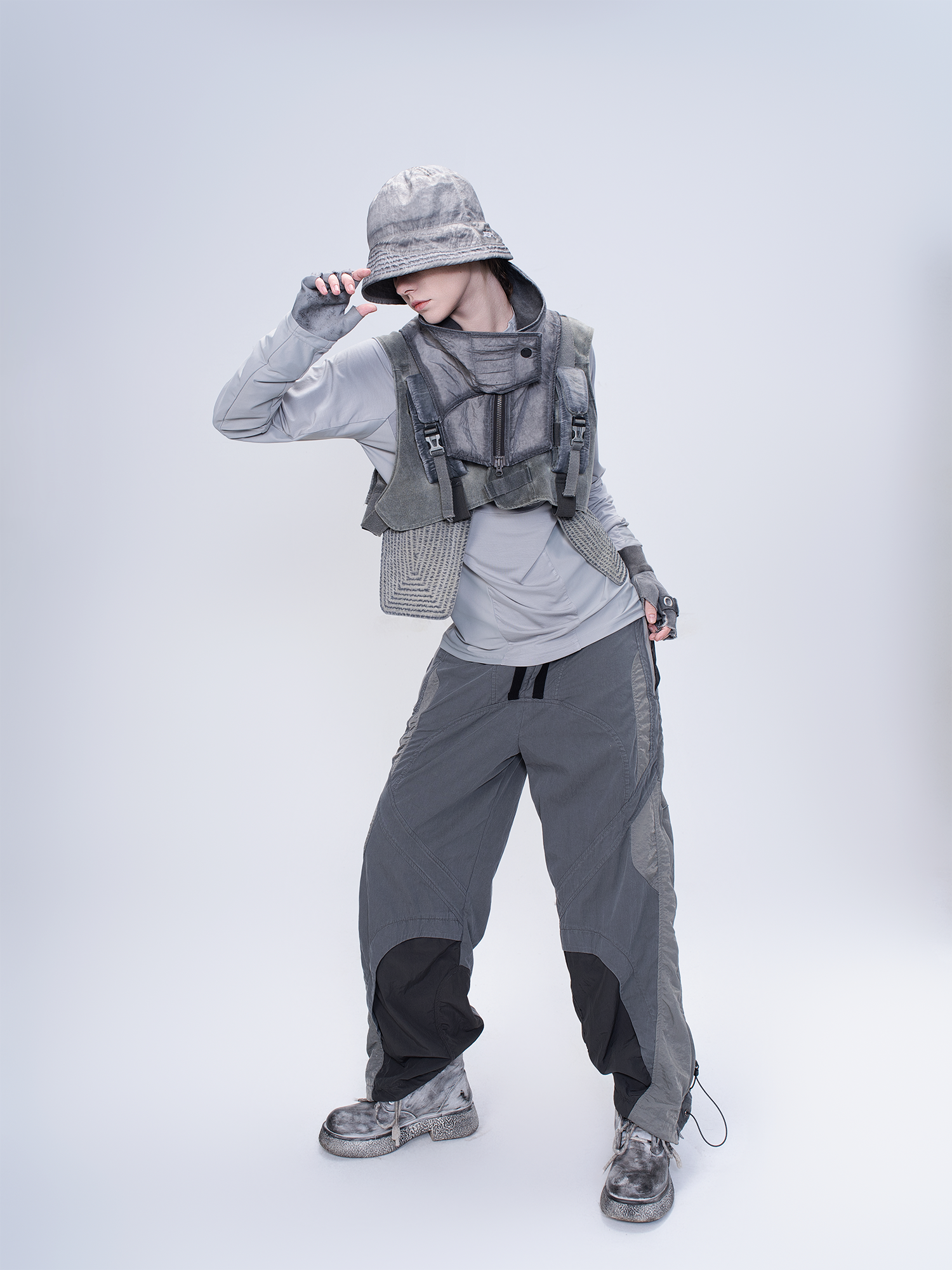 STEAM Deconstructed Zippered Spliced Wide-Leg Cargo Pants