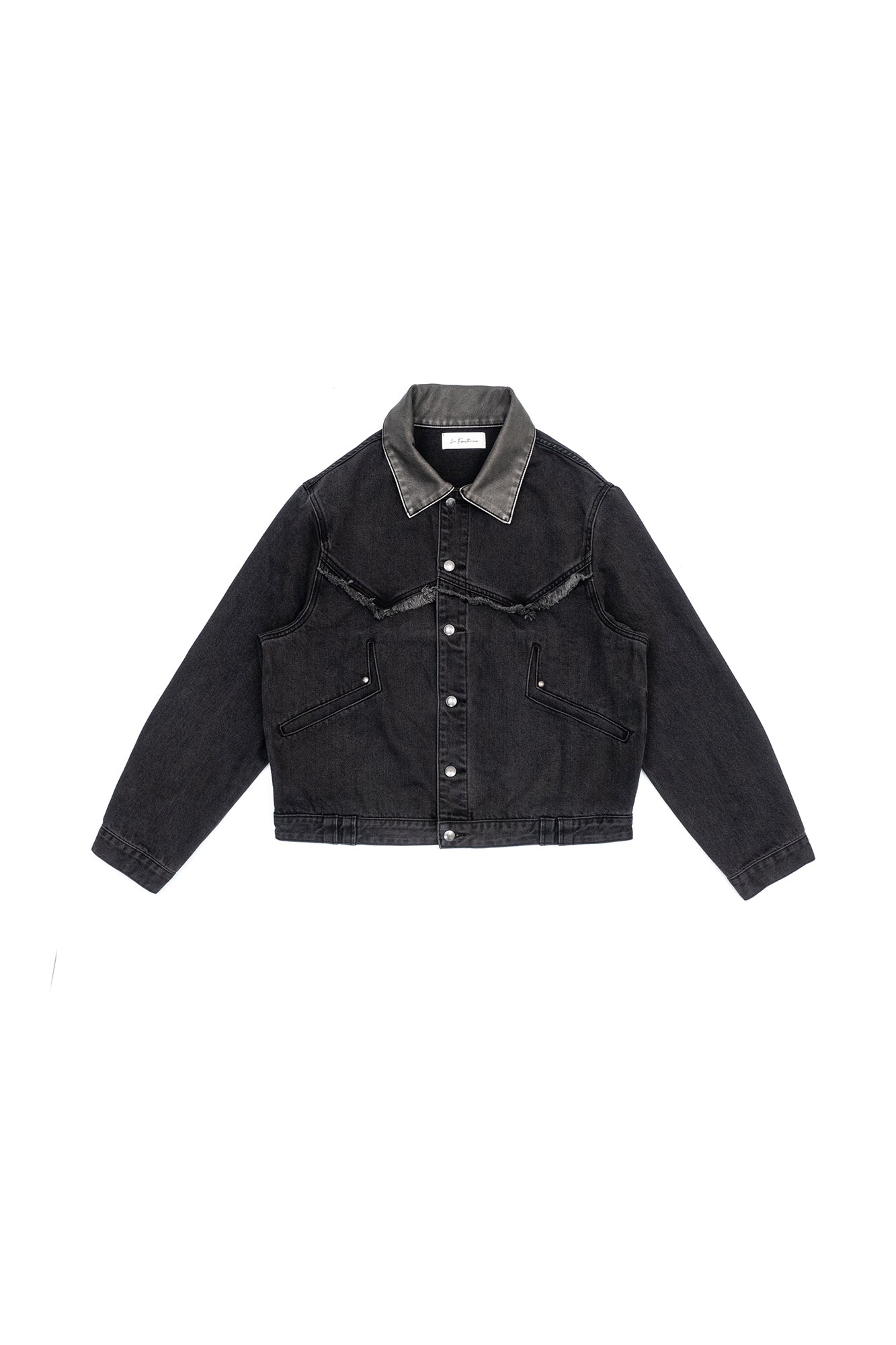 IN EXISTENCE Frayed PU Collar Denim Jacket