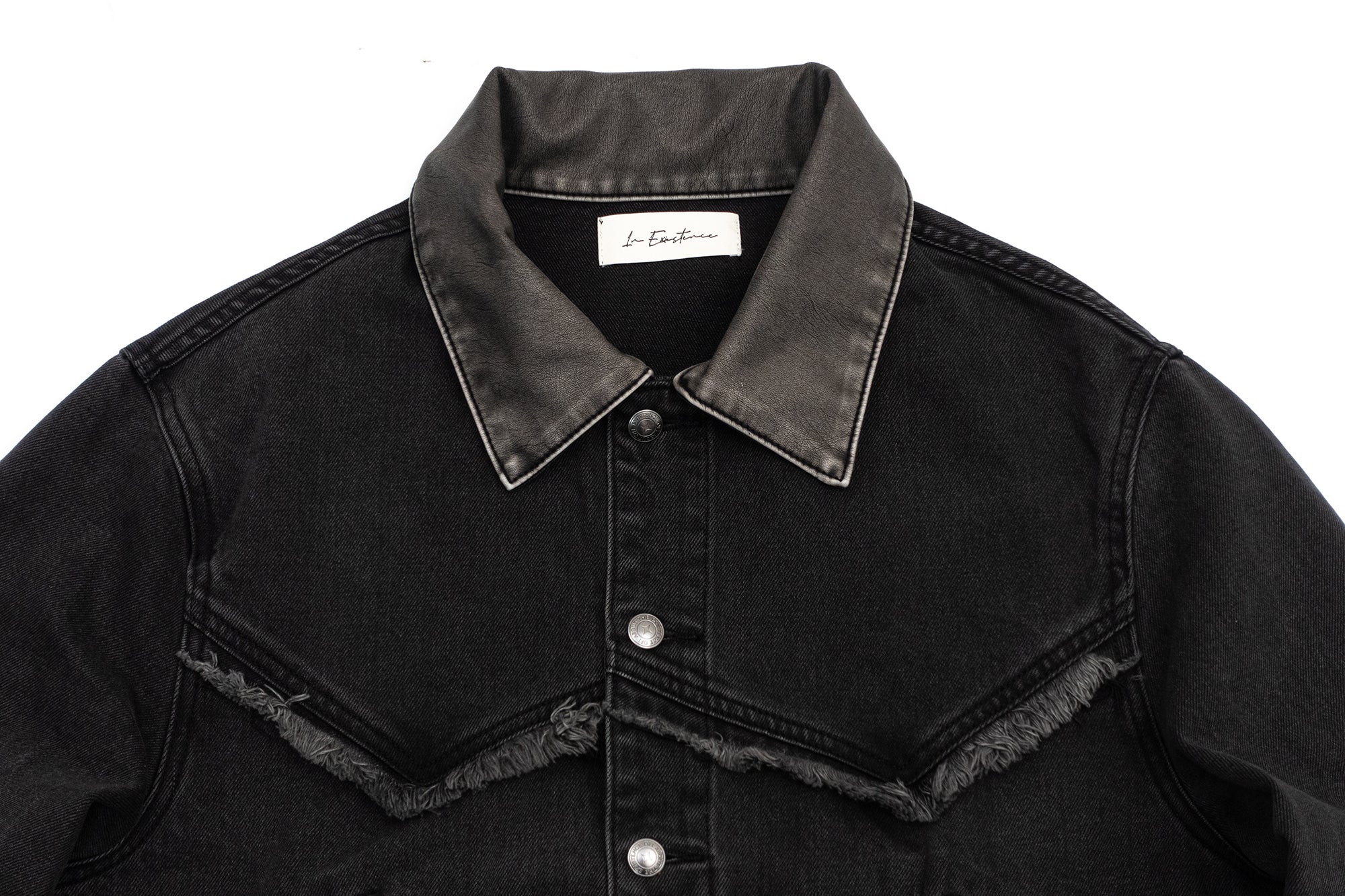 IN EXISTENCE Frayed PU Collar Denim Jacket