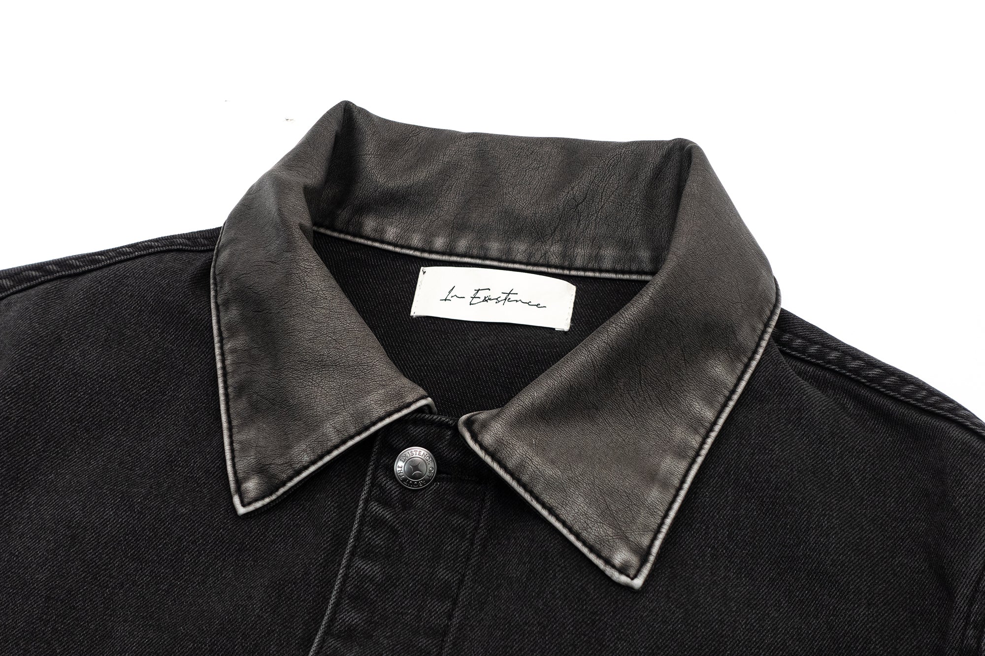 IN EXISTENCE Frayed PU Collar Denim Jacket