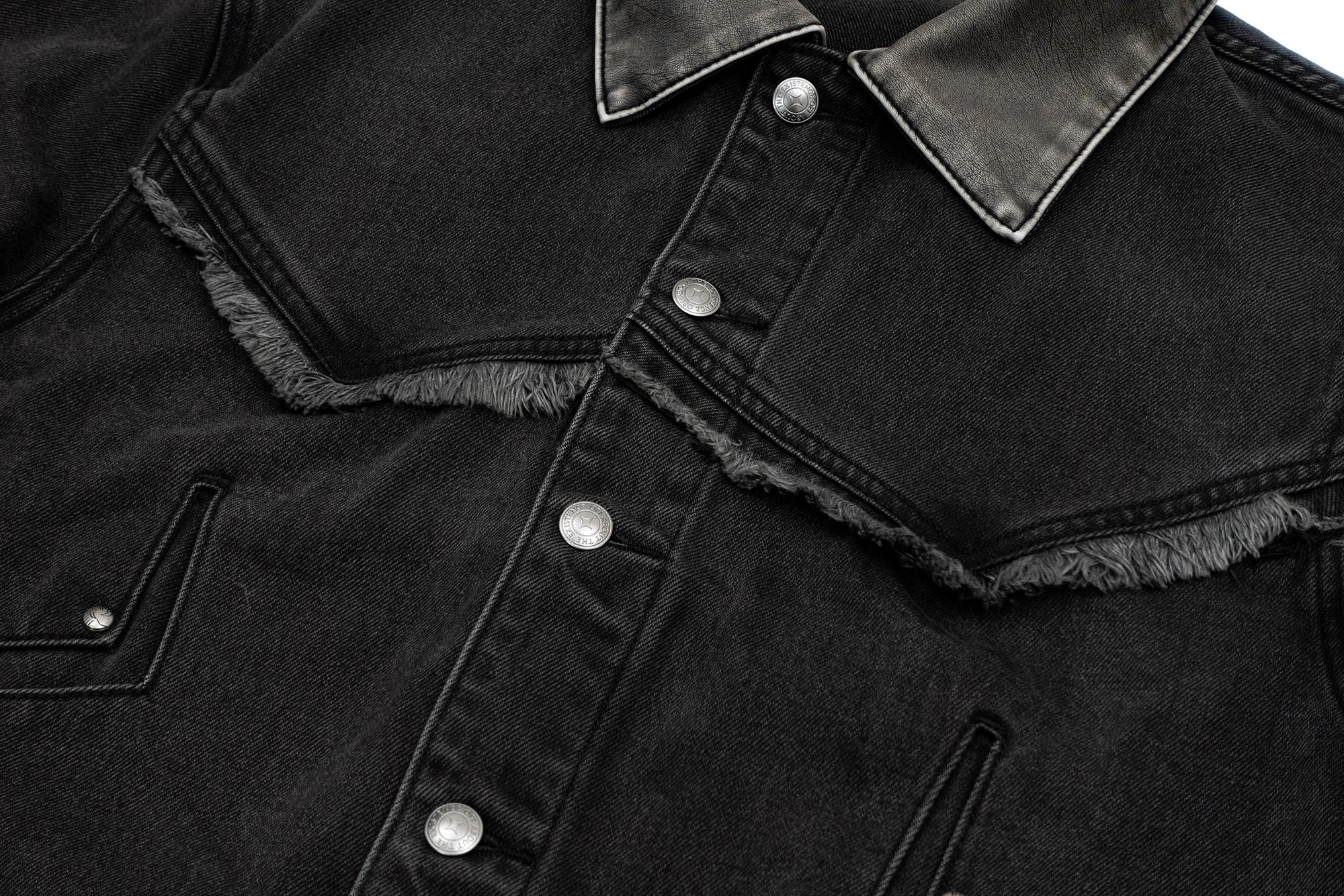 IN EXISTENCE Frayed PU Collar Denim Jacket