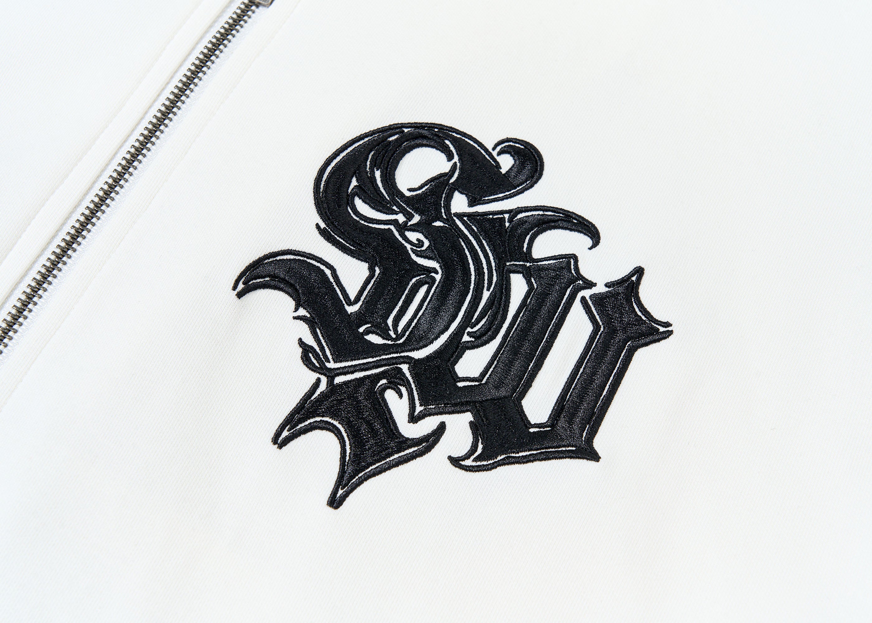 SAVAGEGROWTHWORLD Gothic Lettering Embroidered Zip-Up Hoodie