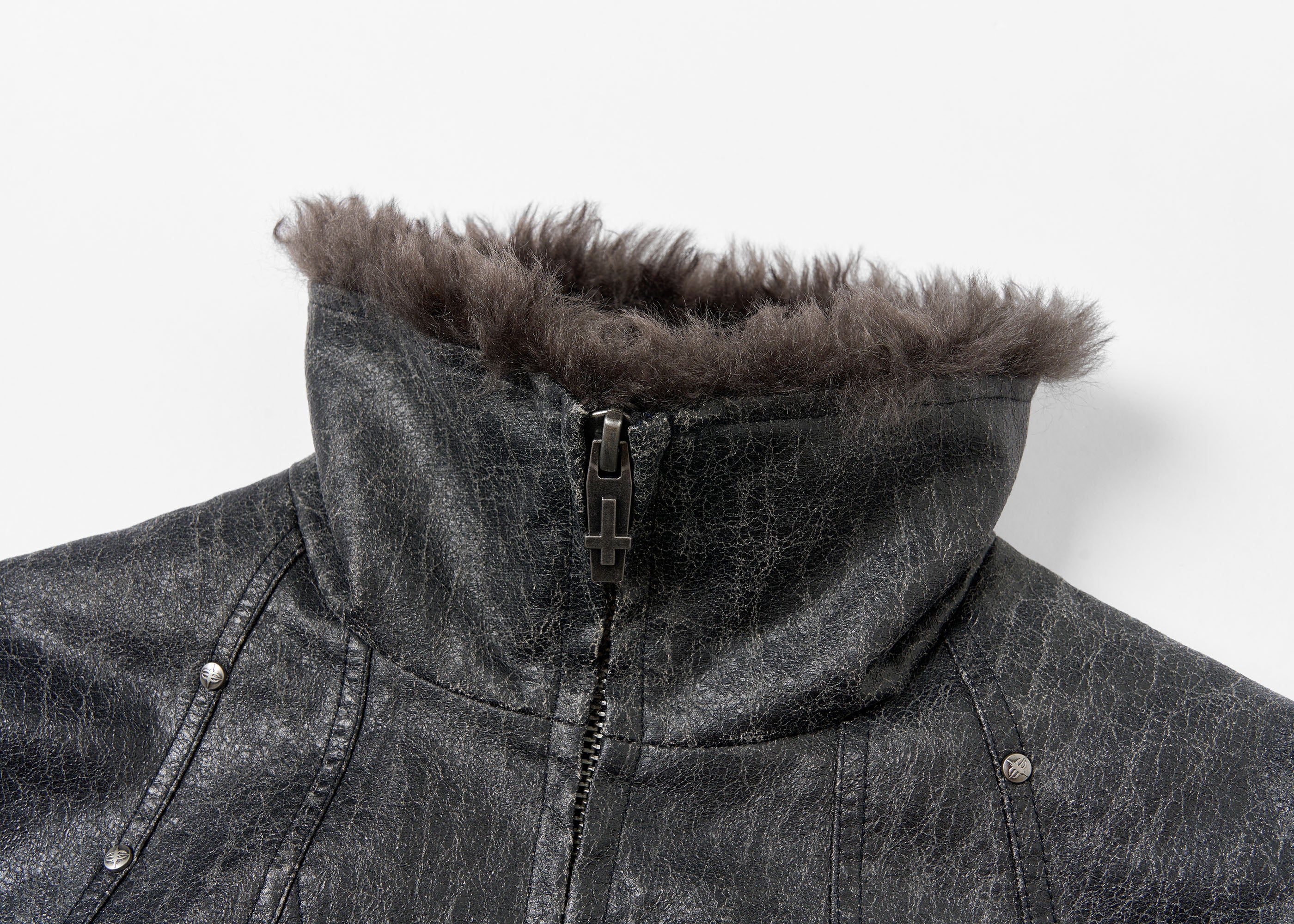 SAVAGEGROWTHWORLD Washed Faux Fur Lining Studded Vest