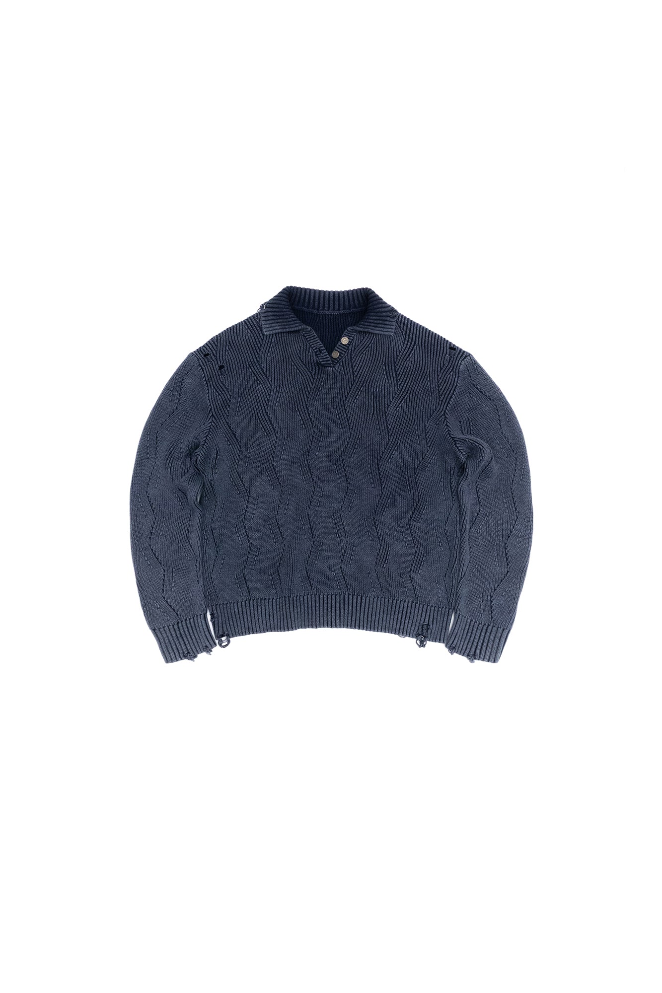 IN EXISTENCE Distressed Chevron Collared Sweater