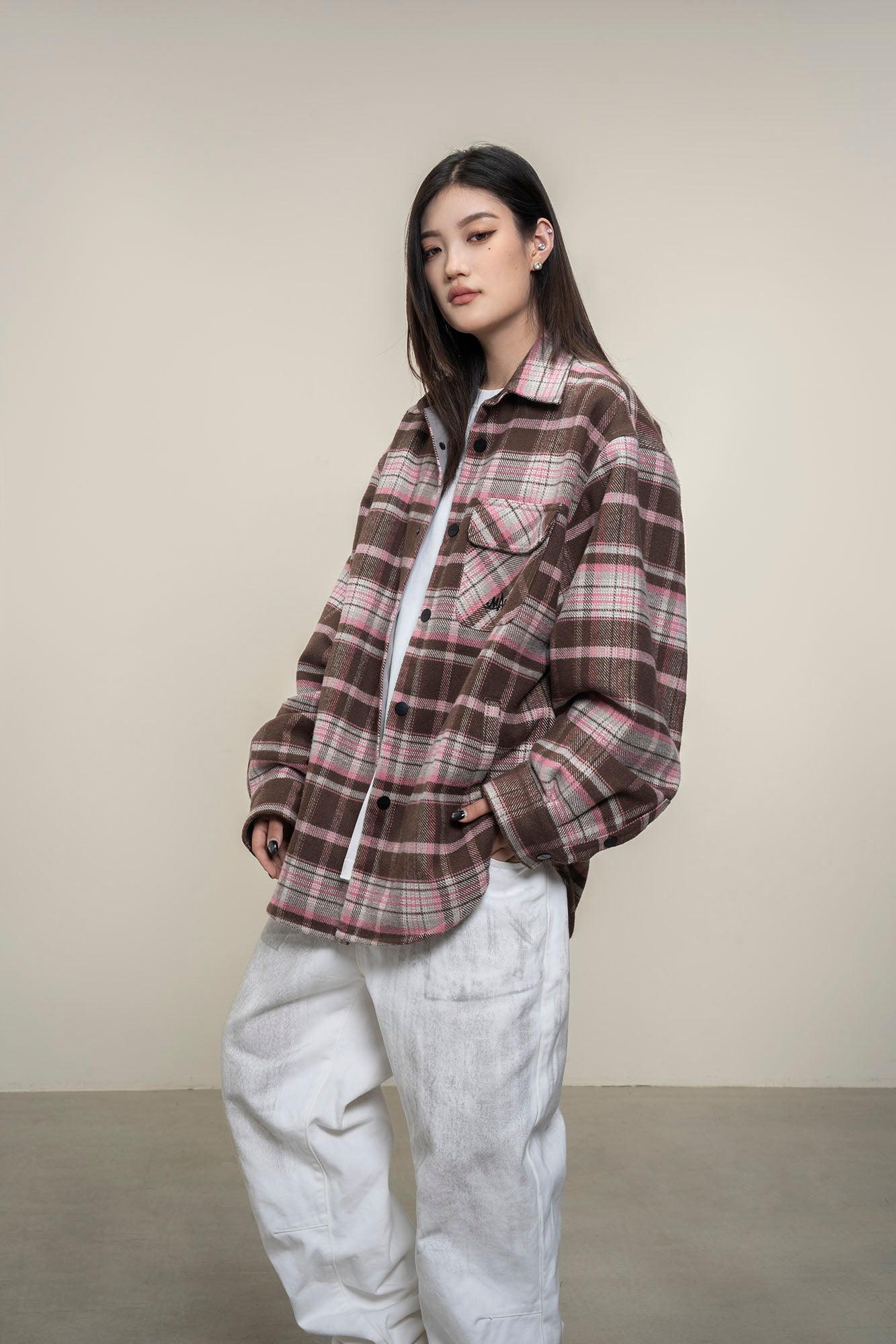 MAKEMORE Plaid Flap Pocket Oversized Shirt
