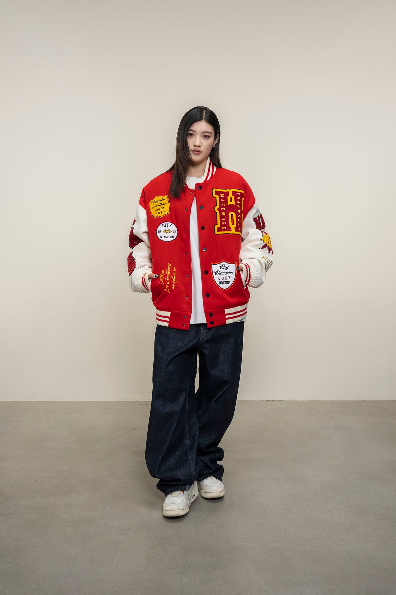 MAKEMORE Boxing Patch PU Sleeve Varsity Jacket