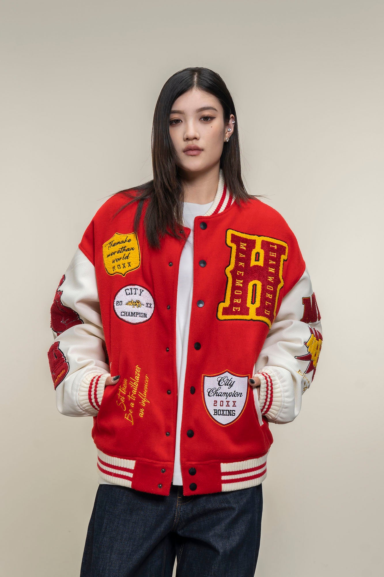 MAKEMORE Boxing Patch PU Sleeve Varsity Jacket
