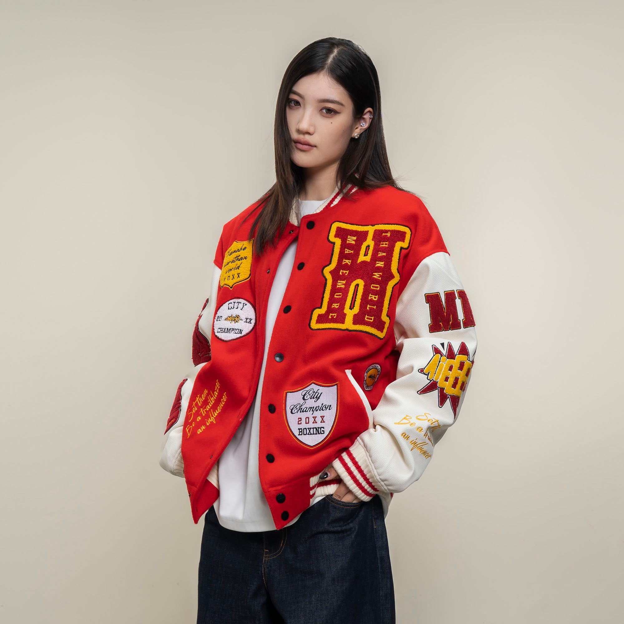 MAKEMORE Boxing Patch PU Sleeve Varsity Jacket