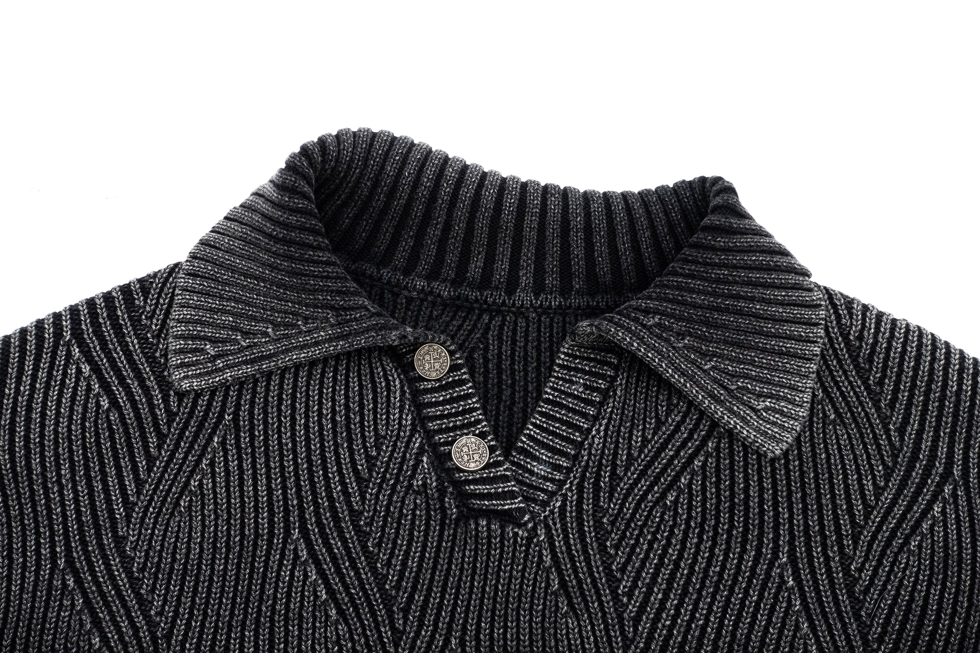 IN EXISTENCE Distressed Chevron Collared Sweater
