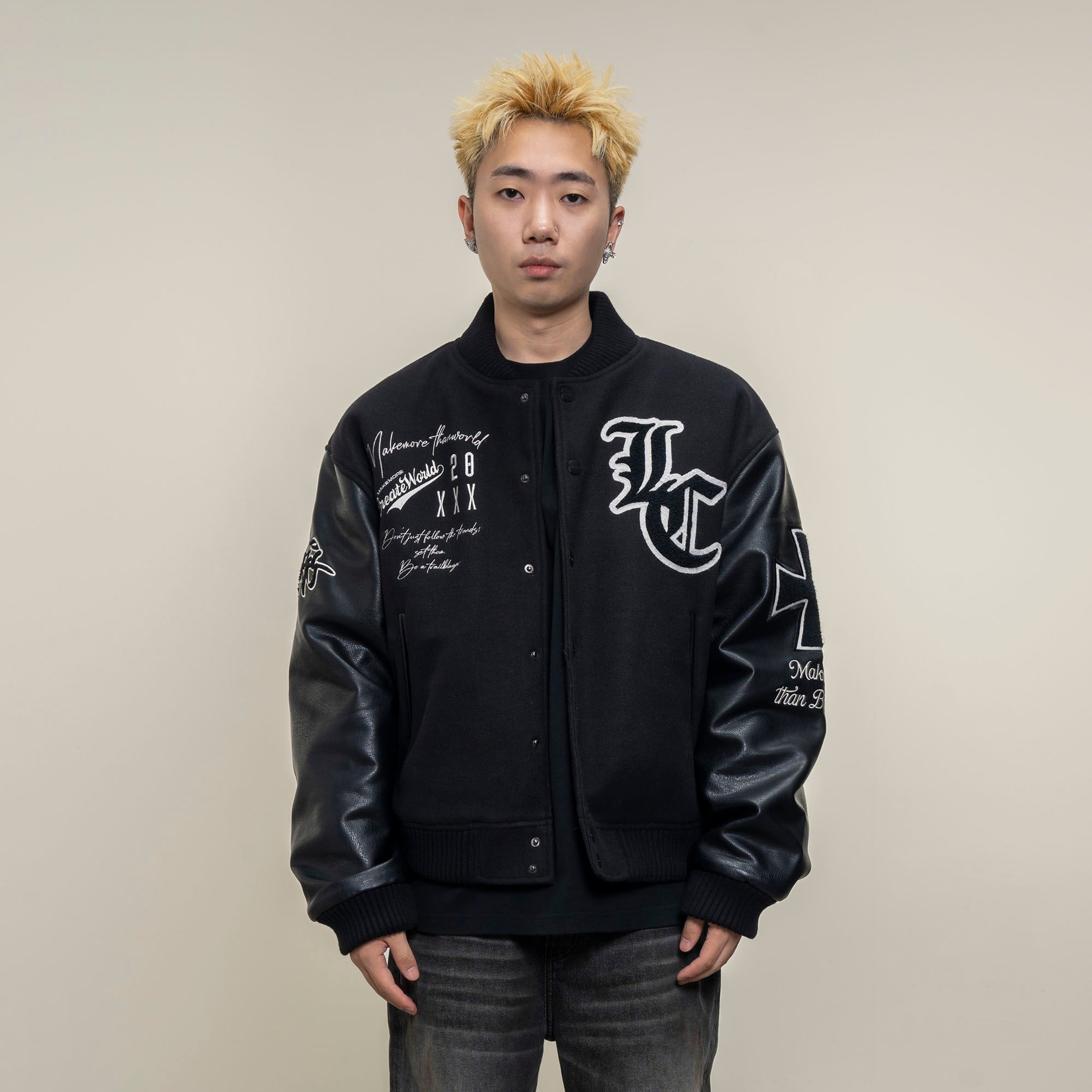 MAKEMORE Gothic Patch PU Sleeve Padded Varsity Jacket