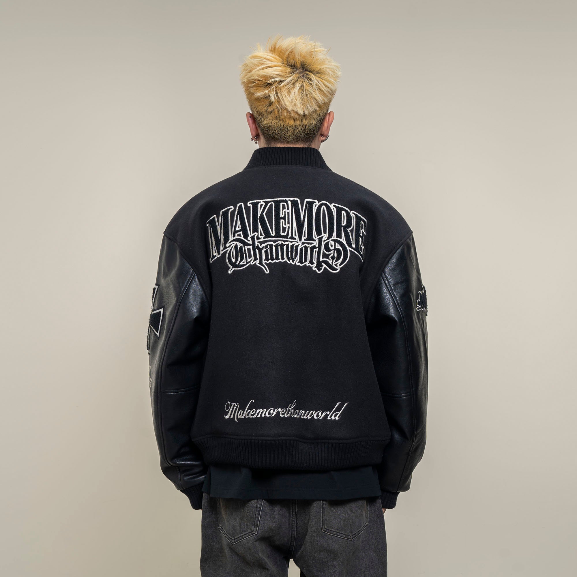 MAKEMORE Gothic Patch PU Sleeve Padded Varsity Jacket