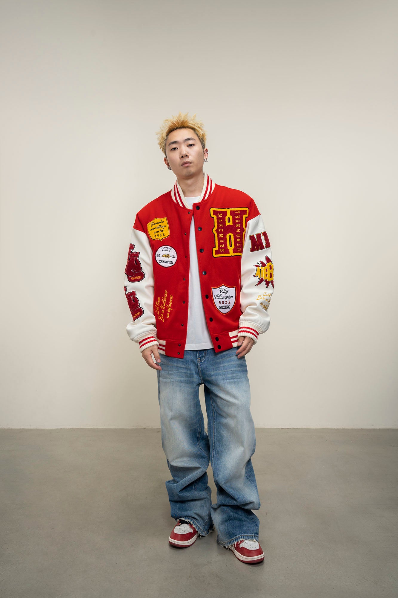 MAKEMORE Boxing Patch PU Sleeve Varsity Jacket