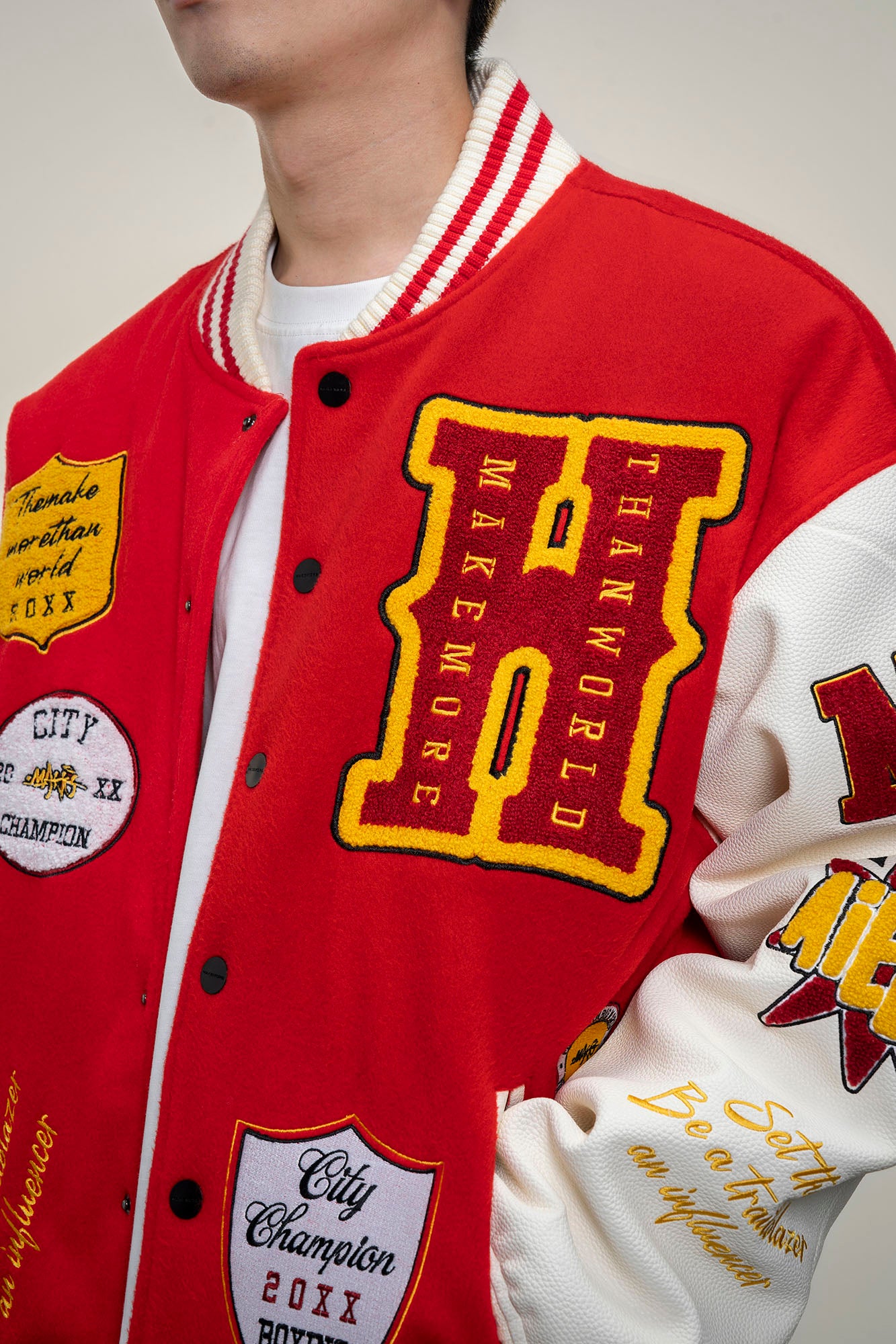 MAKEMORE Boxing Patch PU Sleeve Varsity Jacket